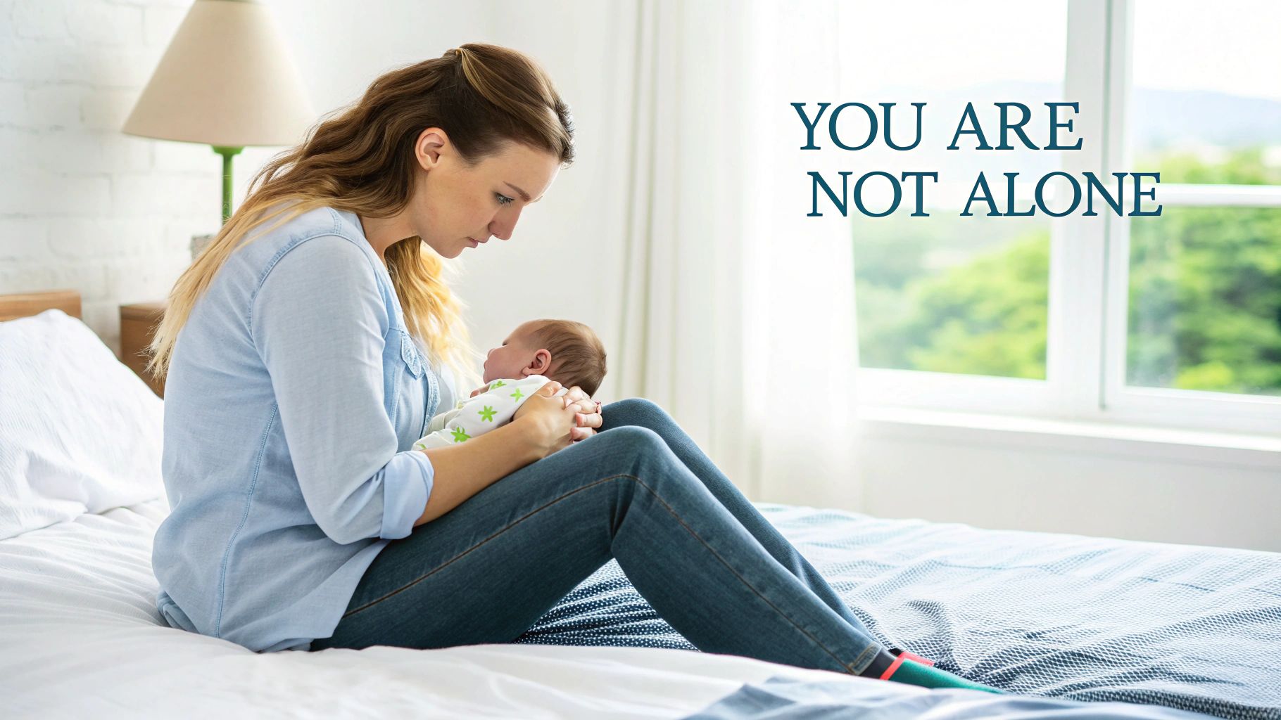 A pensive new mother cradles her newborn baby on a bed, with text "YOU ARE NOT ALONE" as a supportive message.