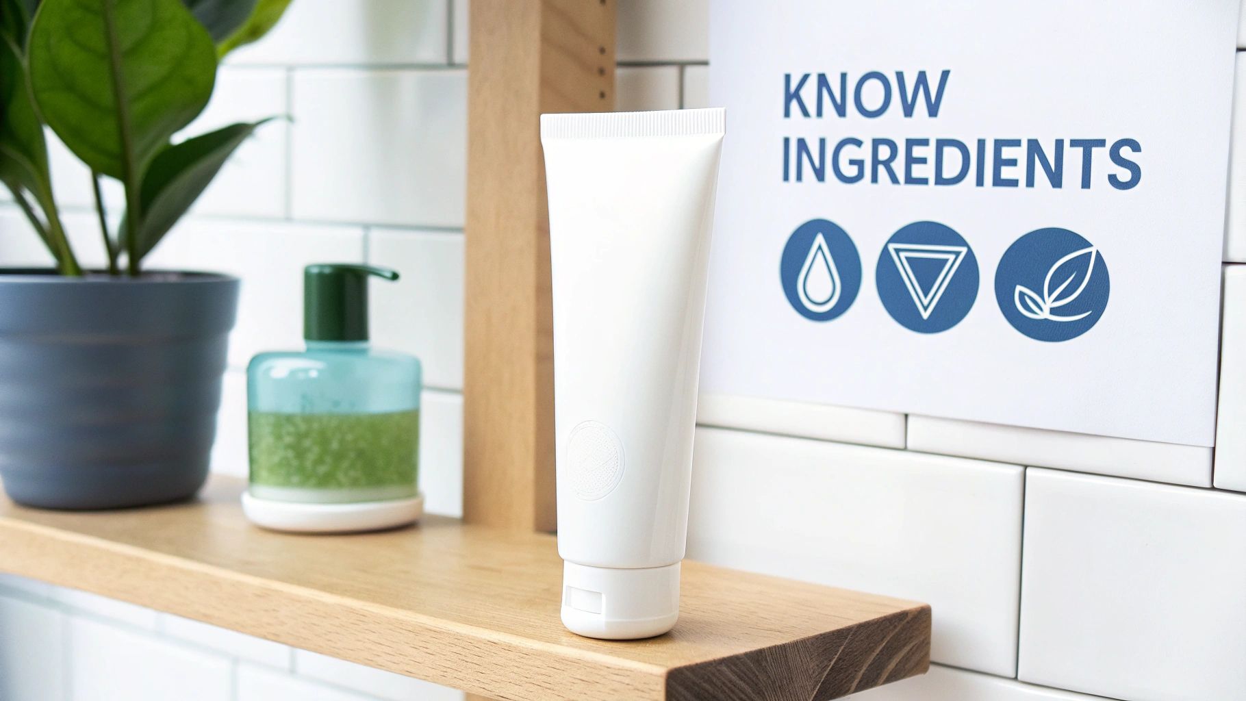 Bathroom shelf with skincare products, a plant, and a sign promoting ingredient awareness.