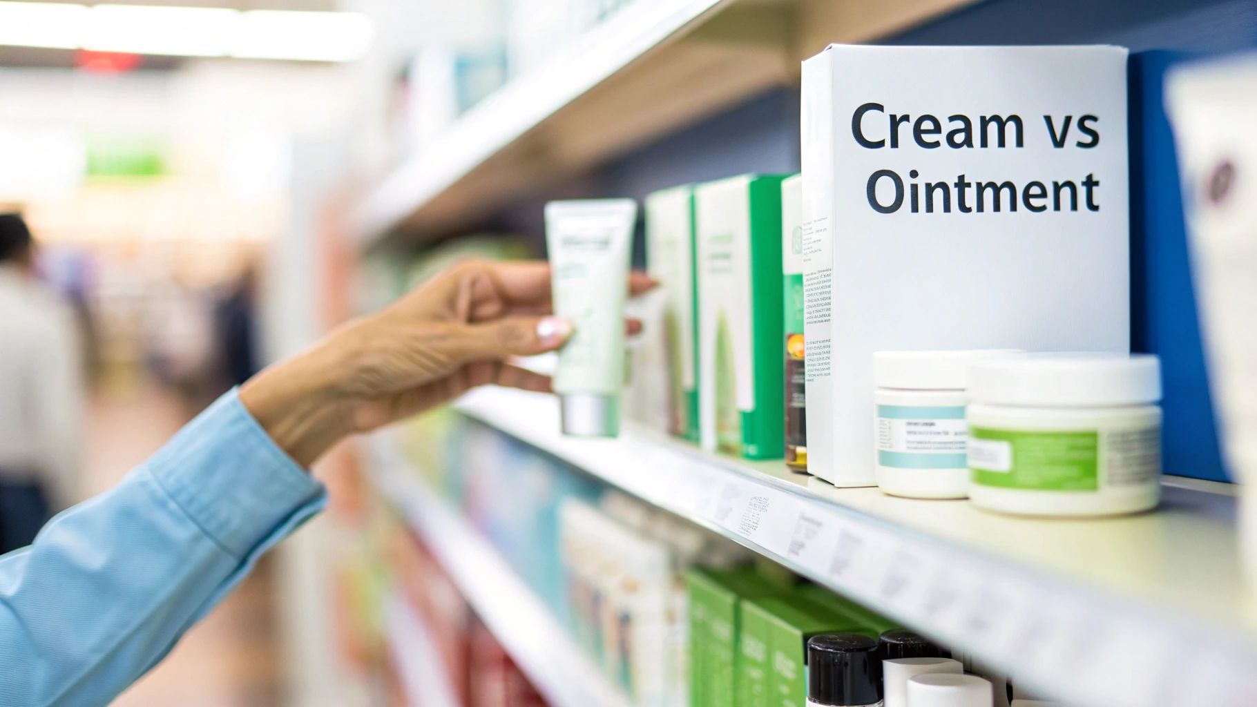 A hand reaches for a light green product tube on a pharmacy shelf with a 'Cream vs Ointment' sign.