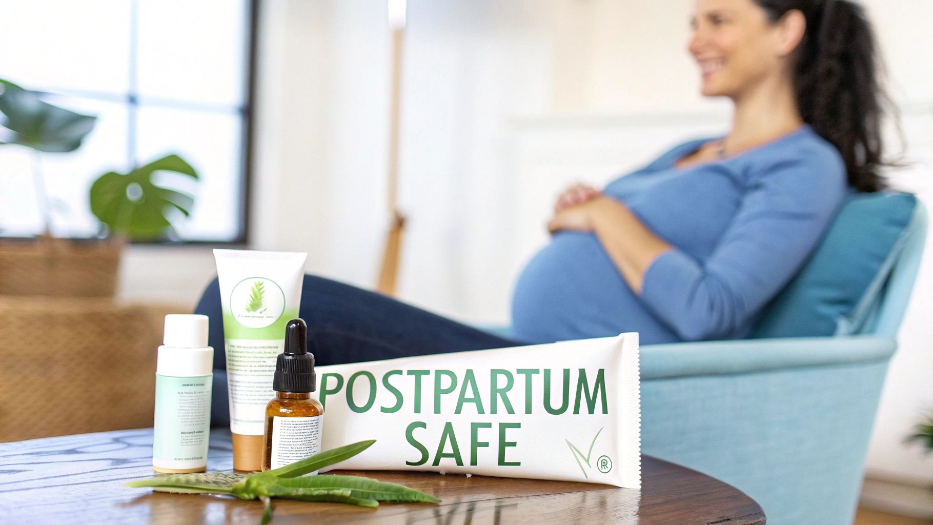 Postpartum care products like cream, oil, and a tube labeled “POSTPARTUM SAFE” on a table, with a smiling pregnant woman in the background.