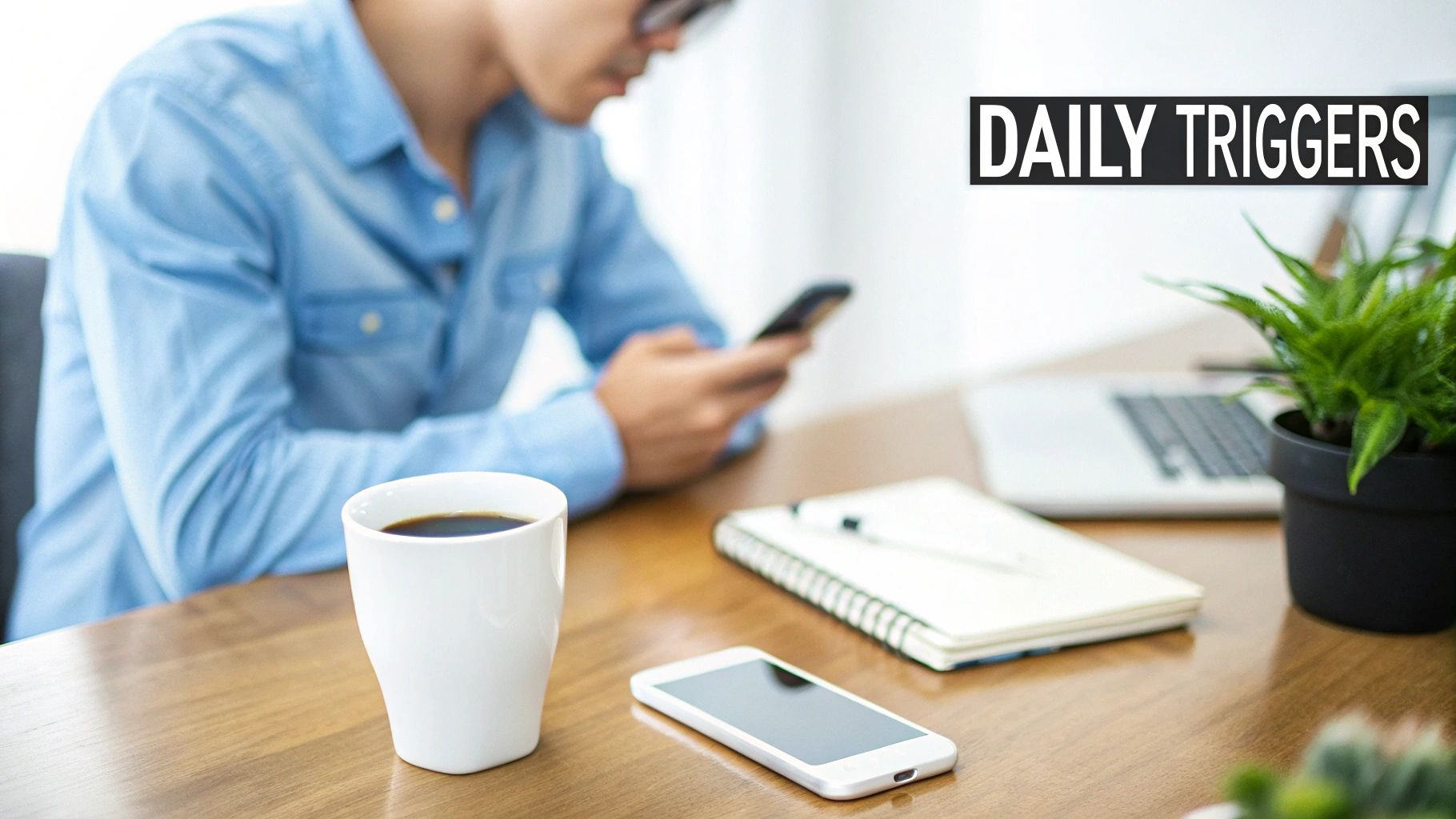 Young man wearing glasses using smartphone at a desk with coffee, notebook, laptop, and plant, text 'DAILY TRIGGERS'.