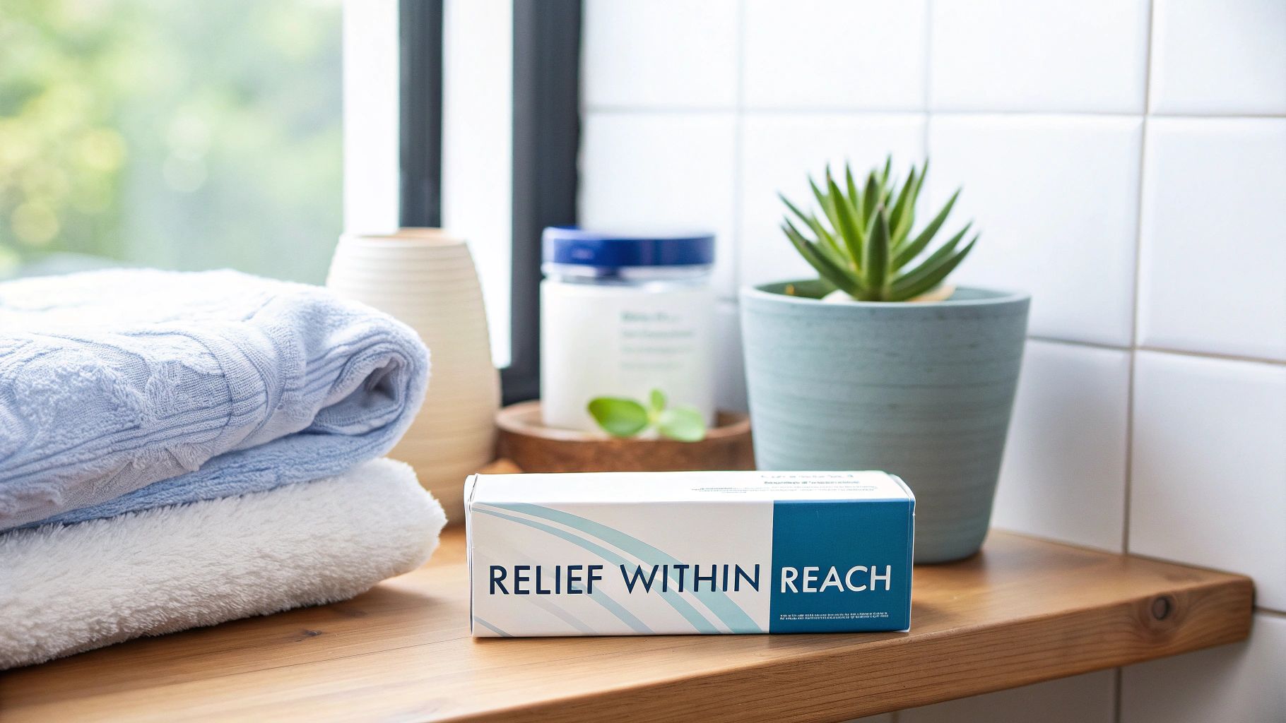 A box labeled 'RELIEF WITHIN REACH' sits on a wooden shelf next to soft towels and a plant.