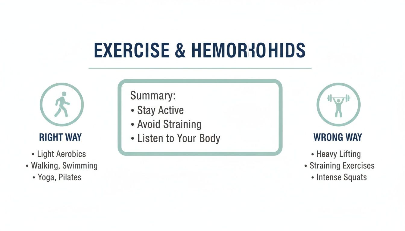Infographic on exercise and hemorrhoids, showing safe (aerobics, walking) and unsafe (heavy lifting) activities, with a summary.