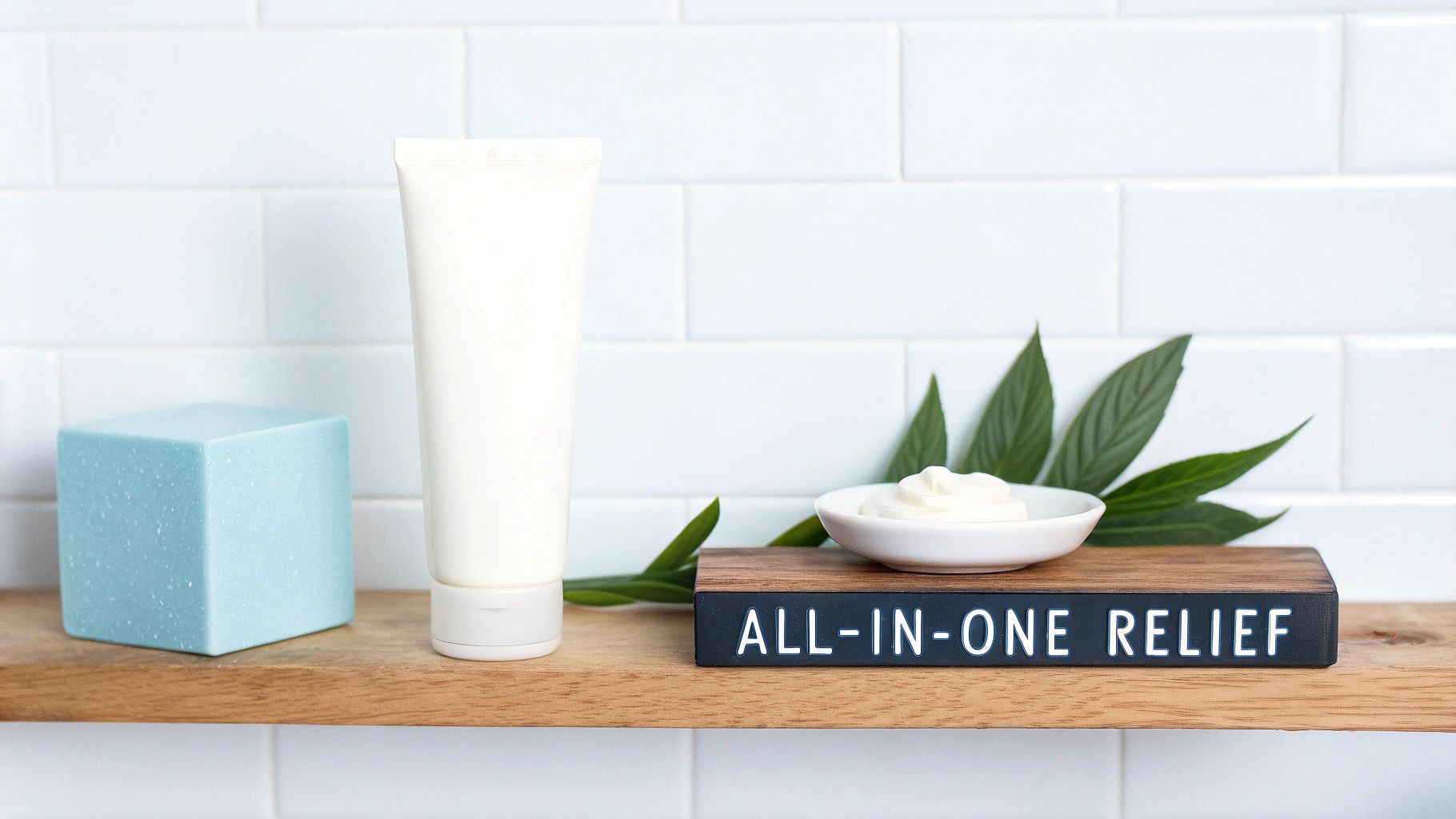 Skincare products on a wooden shelf featuring a white cream tube, a blue cube, and a sign stating 'ALL-IN-ONE RELIEF' with green leaves.