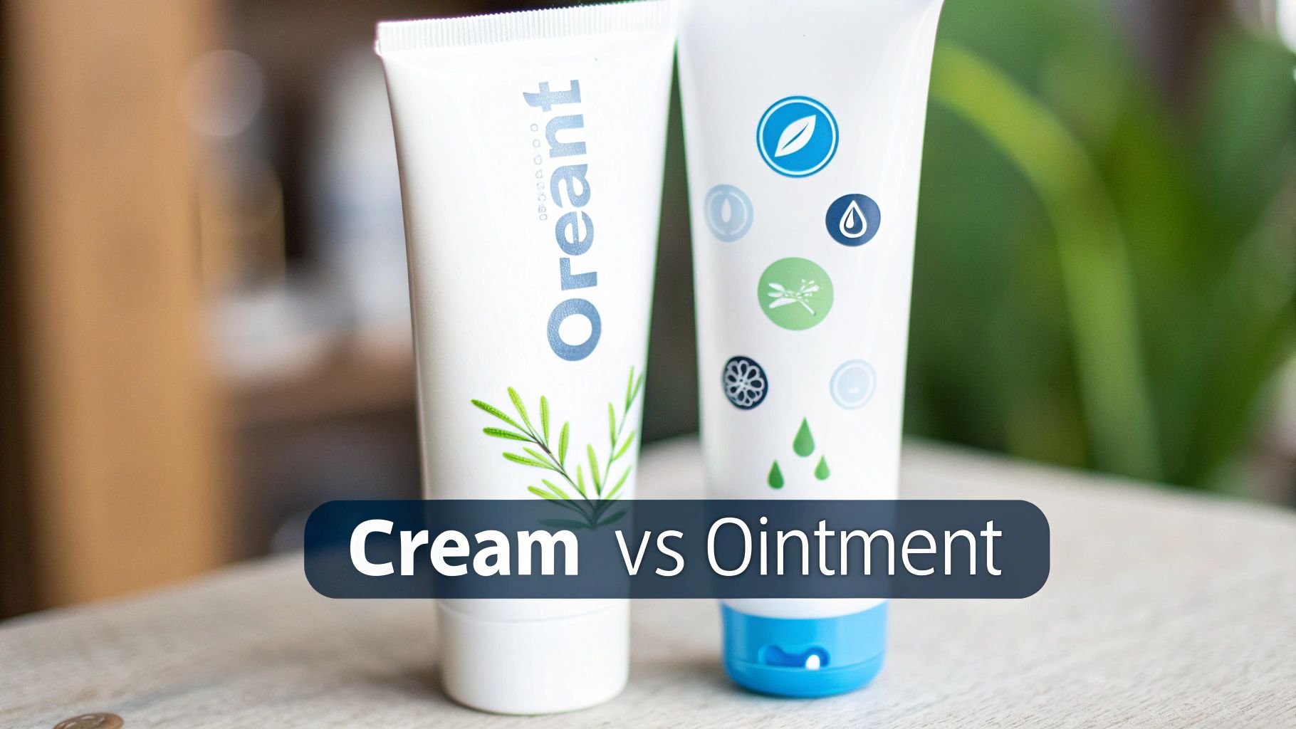Two pharmaceutical tubes, one labeled 'Oreant', with a 'Cream vs Ointment' comparison text.