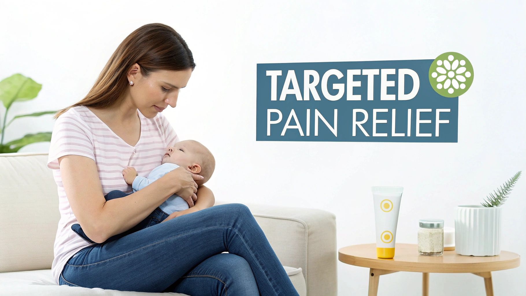 A mother gently cradles her baby on a white couch, with 'TARGETED PAIN RELIEF' text displayed.