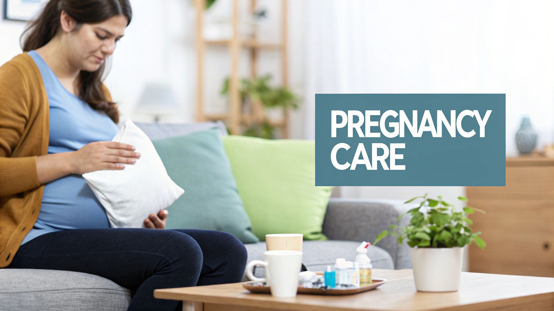 A pregnant woman sits on a sofa, holding a white pillow on her belly, with a 'Pregnancy Care' banner.