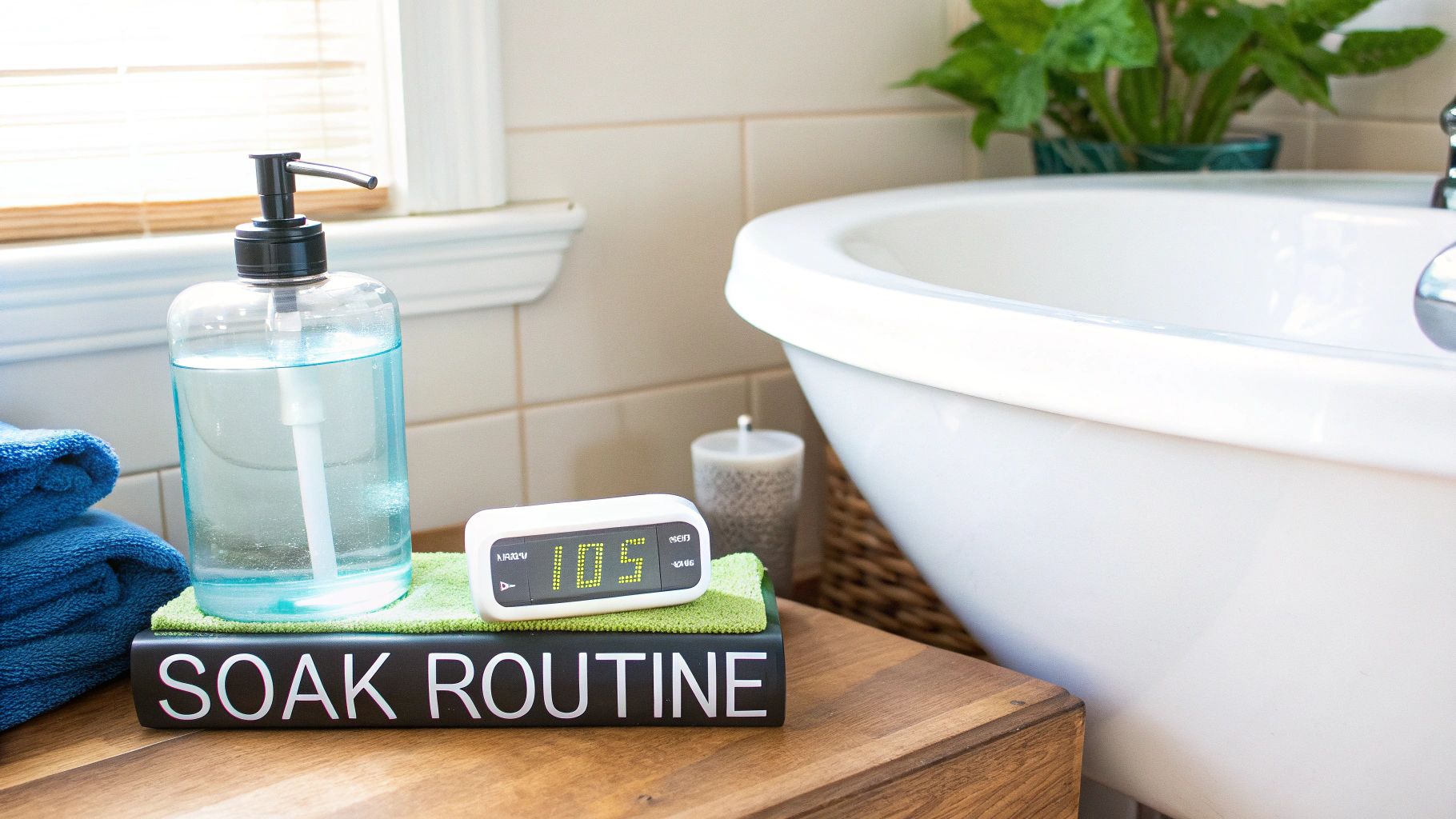 A clear soap dispenser, blue towels, and a digital timer on a book titled 'SOAK ROUTINE' next to a bathtub.
