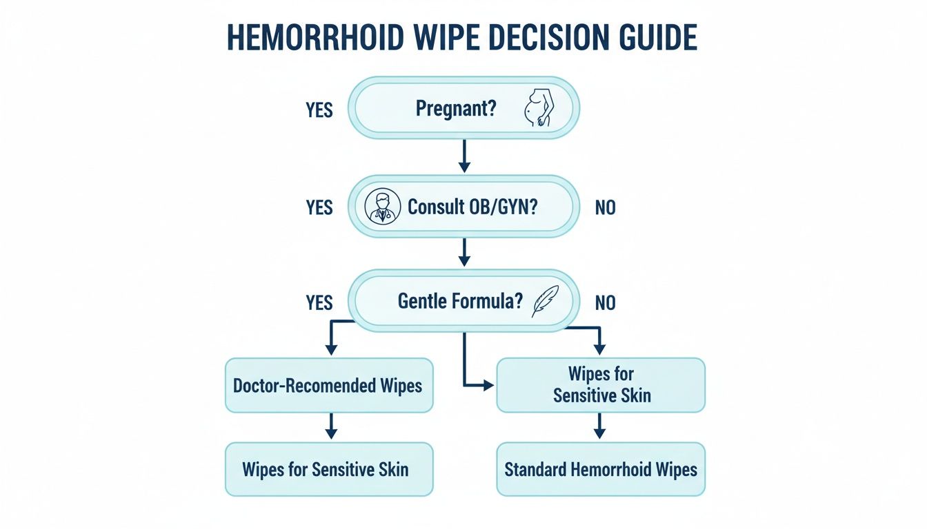 A flowchart decision guide for choosing hemorrhoid wipes, considering pregnancy and gentle formulas for sensitive skin.