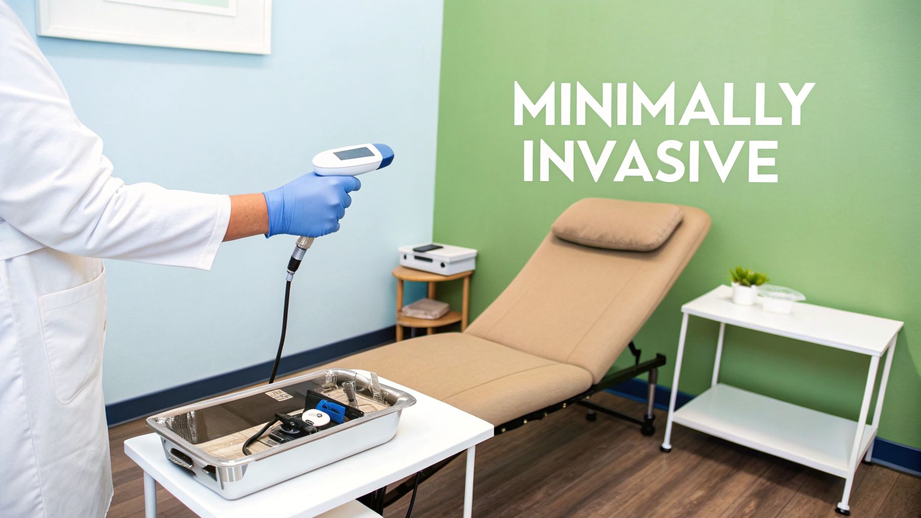 A medical professional in a lab coat and blue gloves holding a minimally invasive treatment device.