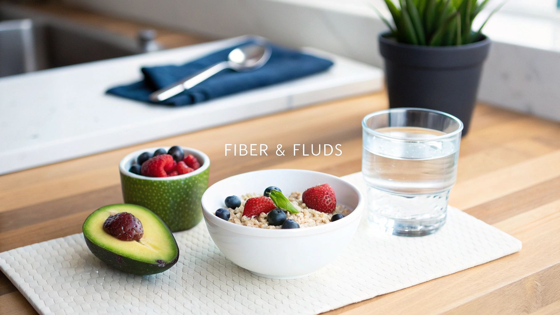 A healthy breakfast with oatmeal, berries, avocado, and water, emphasizing fiber and fluids.