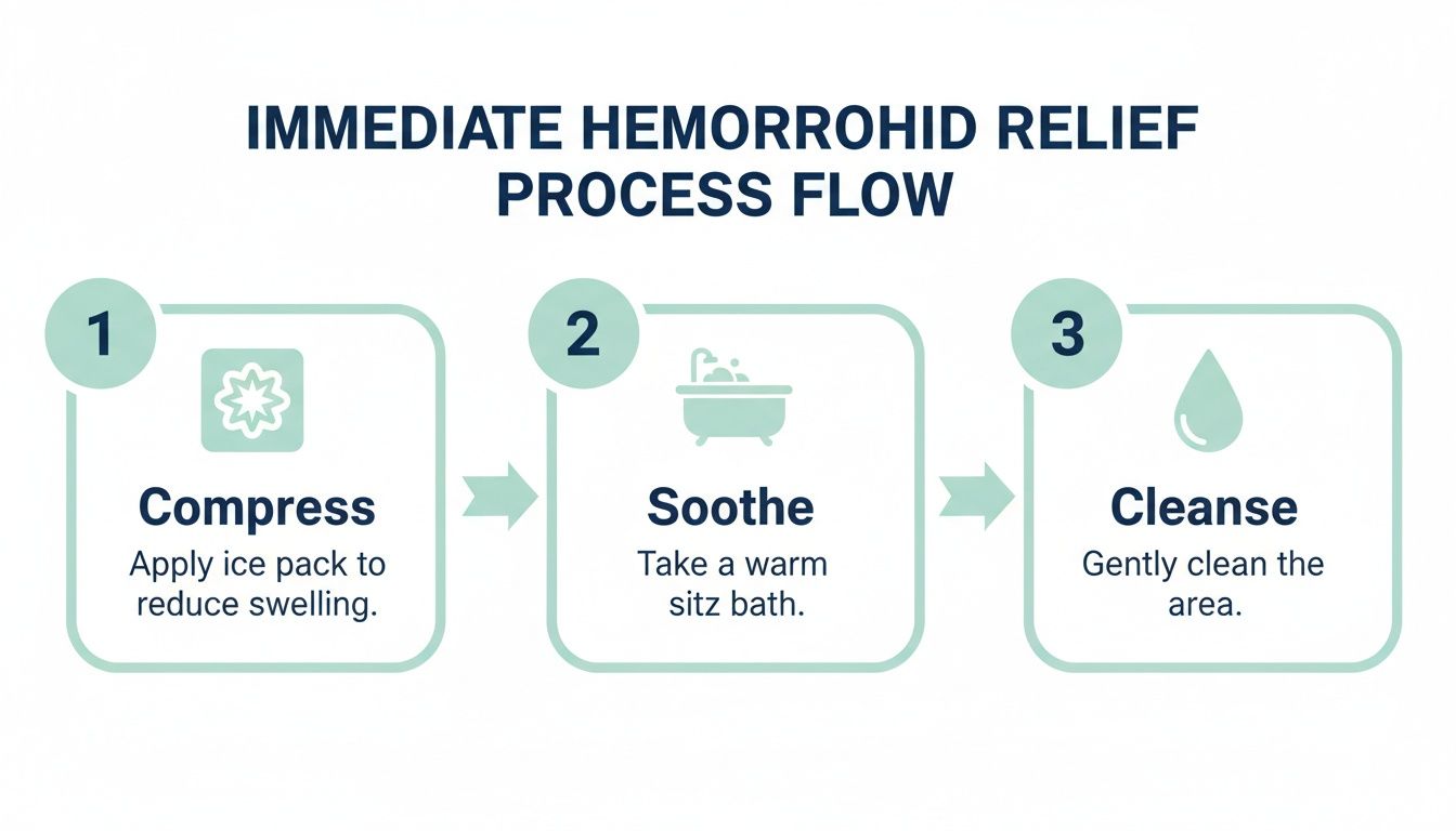 An infographic detailing a 3-step process for immediate hemorrhoid relief: compress, soothe, and cleanse.