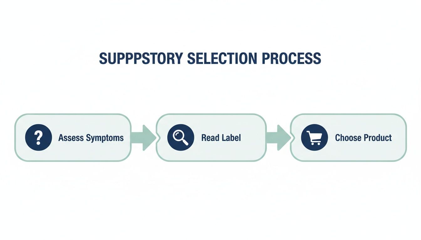 A flowchart illustrating the Supppstory Selection Process with steps: Assess Symptoms, Read Label, and Choose Product.