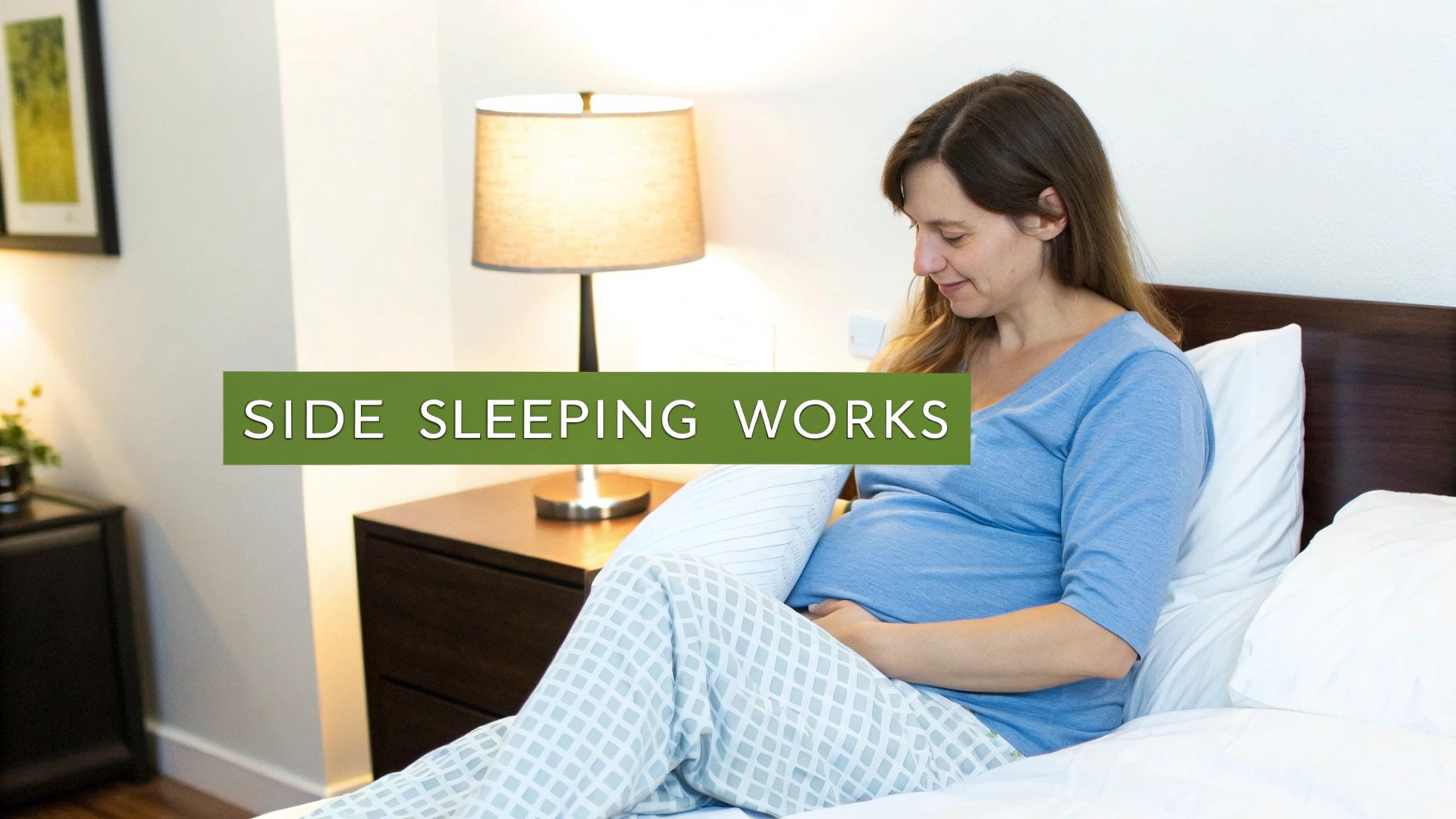 A pregnant woman sitting comfortably on a bed with a pillow between her legs, with text 'SIDE SLEEPING WORKS'.