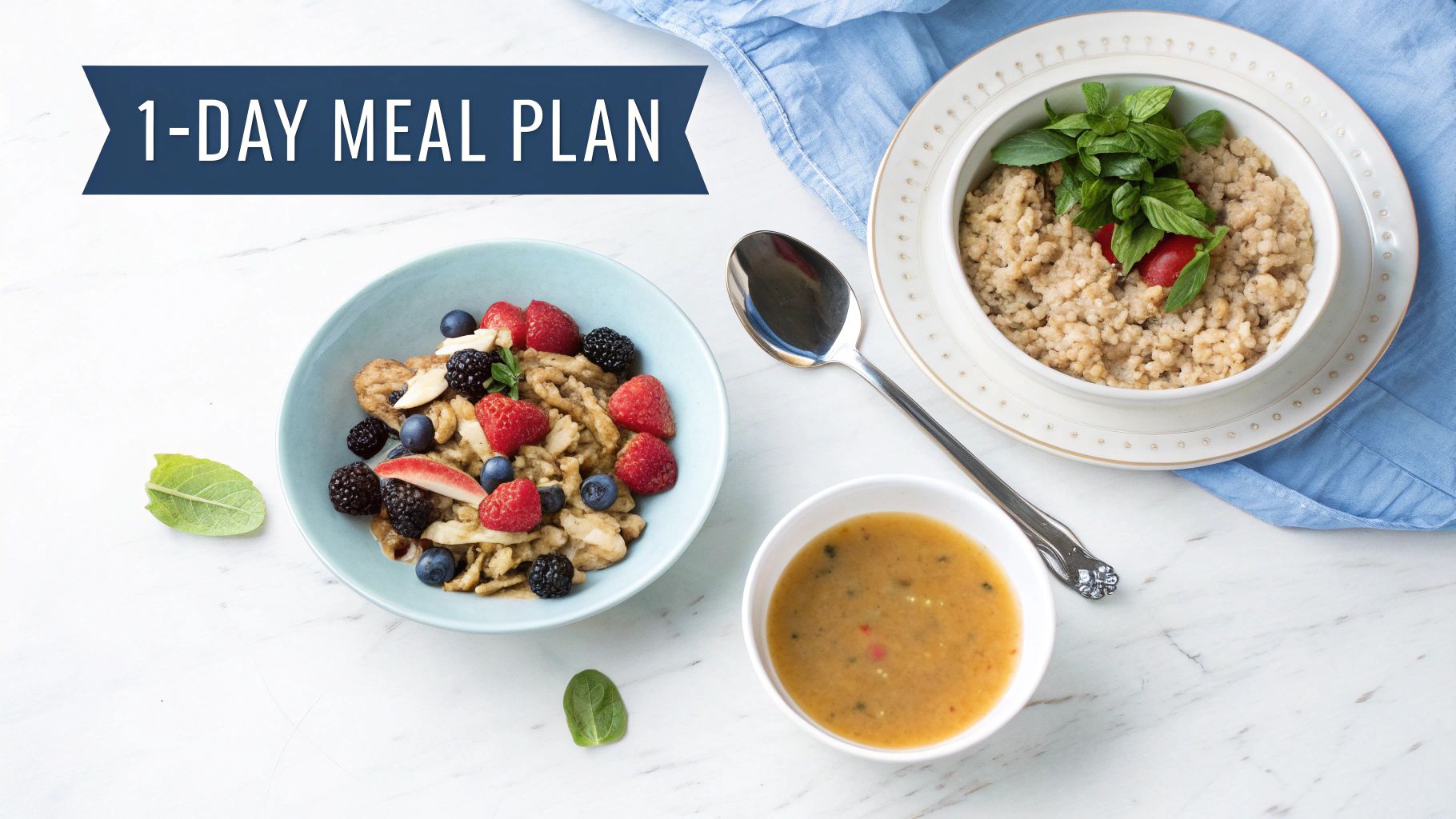 A vibrant 1-day meal plan featuring healthy bowls of grains, pasta with berries, and soup.