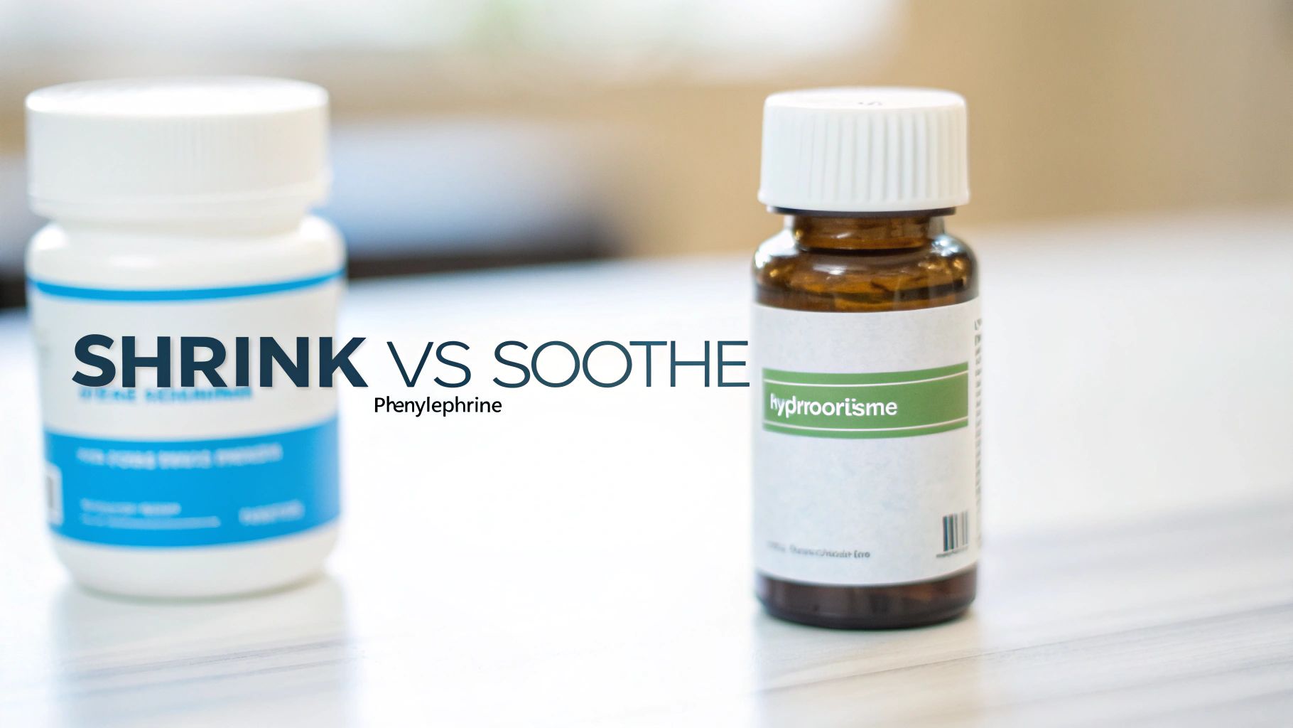 Two medicine bottles, one white and one brown, with text 'SHRINK VS SOOTHE Phenylephrine' overlaid.