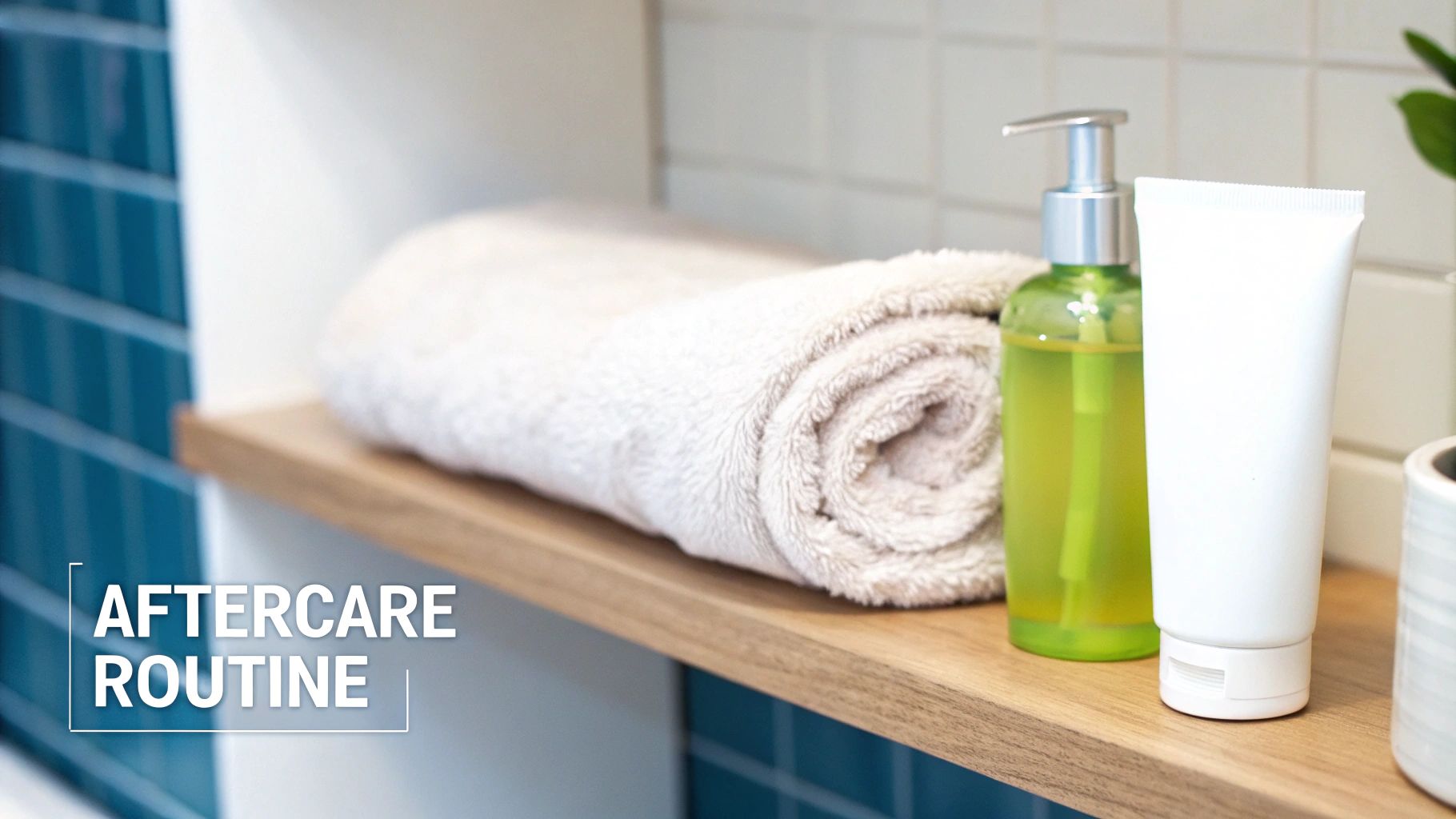 A neatly rolled beige towel, a green pump bottle, and a white tube on a wooden shelf in a tiled bathroom.
