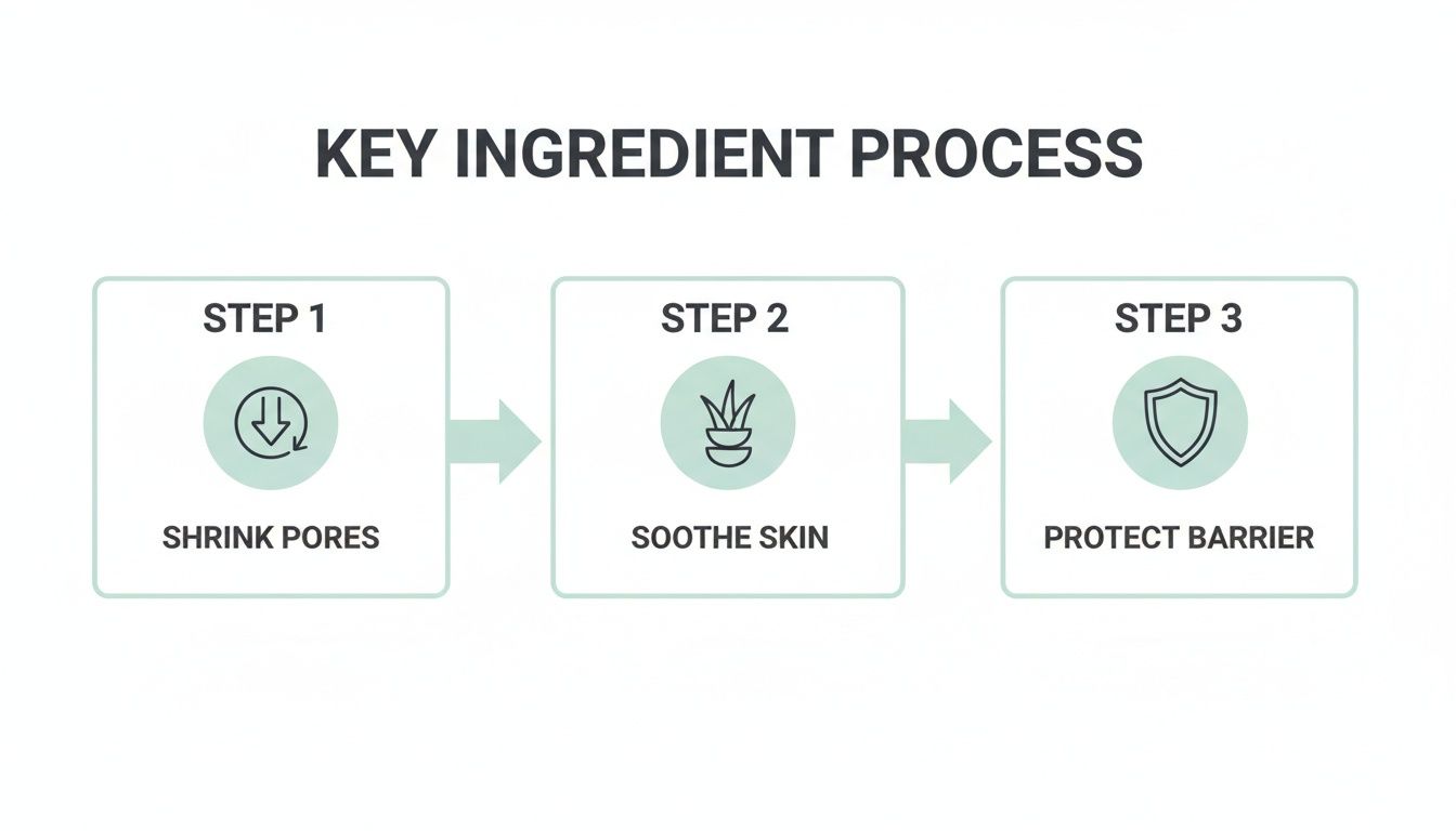 A three-step diagram illustrating a key ingredient process to shrink pores, soothe skin, and protect barrier.