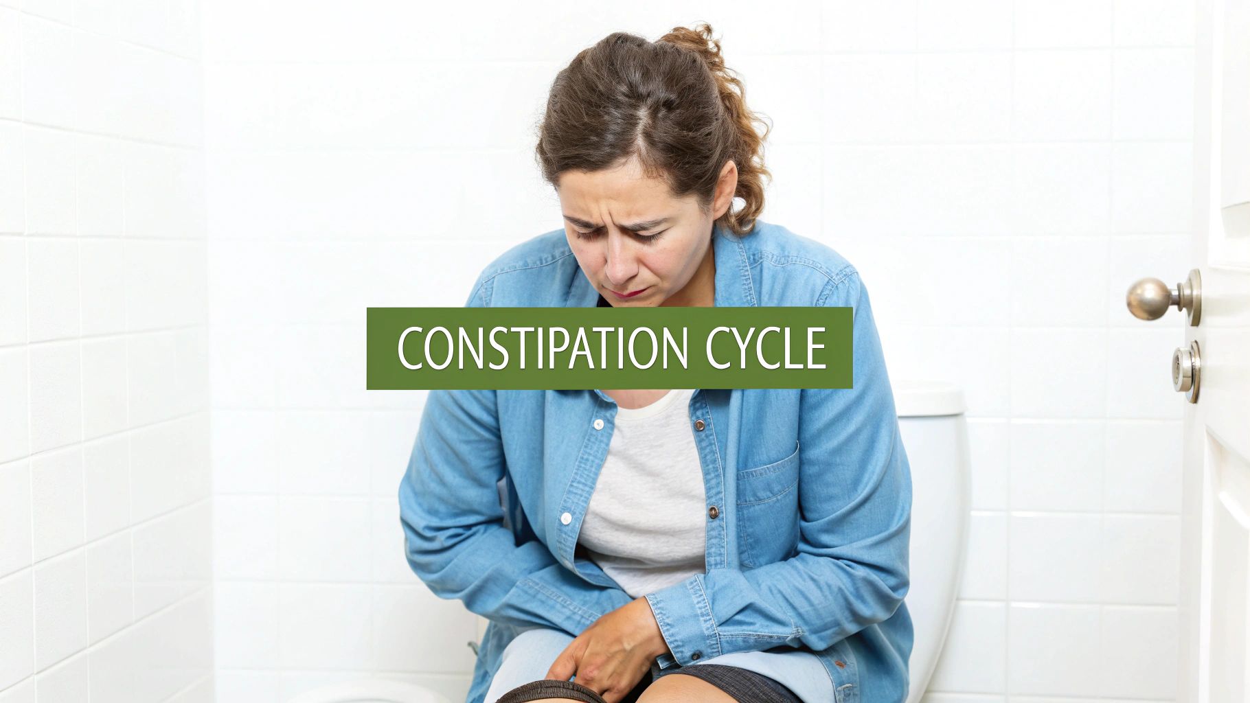 Woman experiencing constipation, sitting on a toilet with a pained expression and holding her stomach.