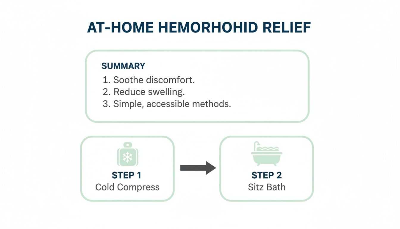 Infographic showing two simple steps for at-home hemorrhoid relief: cold compress and sitz bath.
