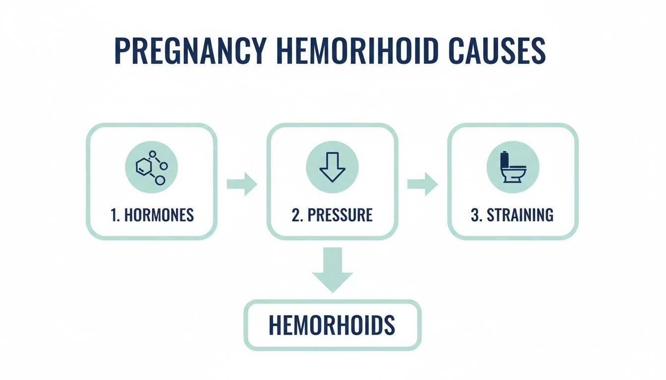Flowchart illustrating the three main causes of pregnancy hemorrhoids: hormones, pressure, and straining, leading to hemorrhoids.