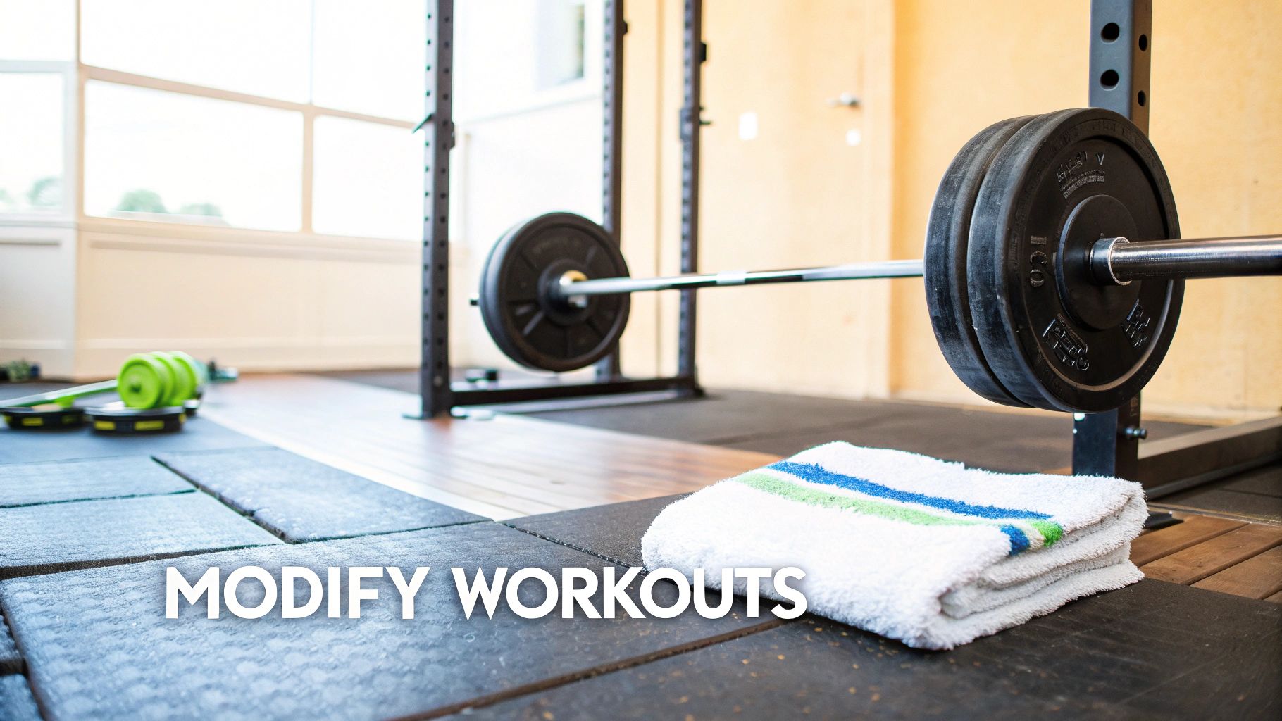 A well-lit gym with a barbell, weights, power rack, and a towel on rubber flooring.