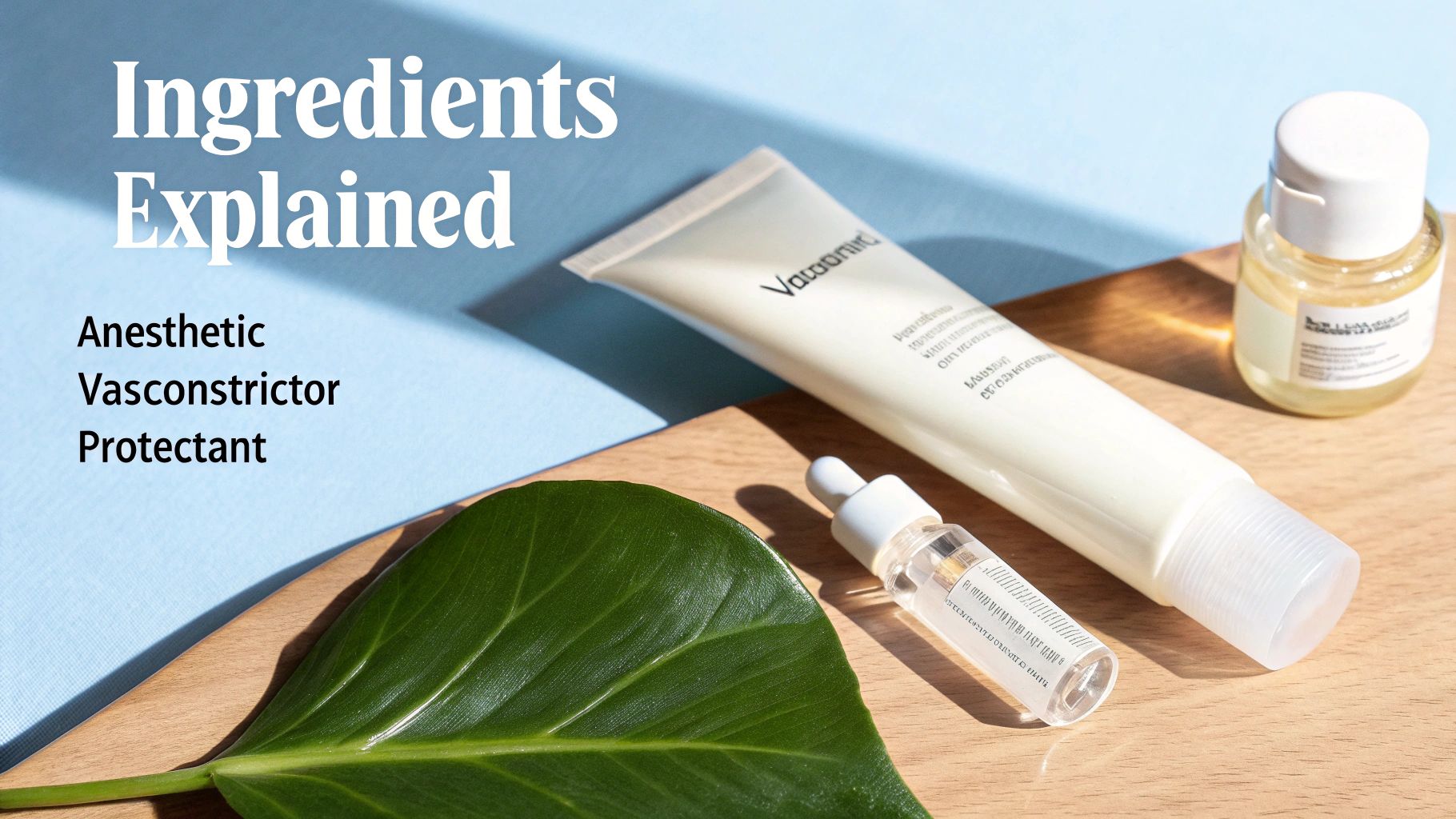 An aesthetic flat lay of skincare products, a green leaf, and text explaining anesthetic, vasoconstrictor, protectant ingredients.