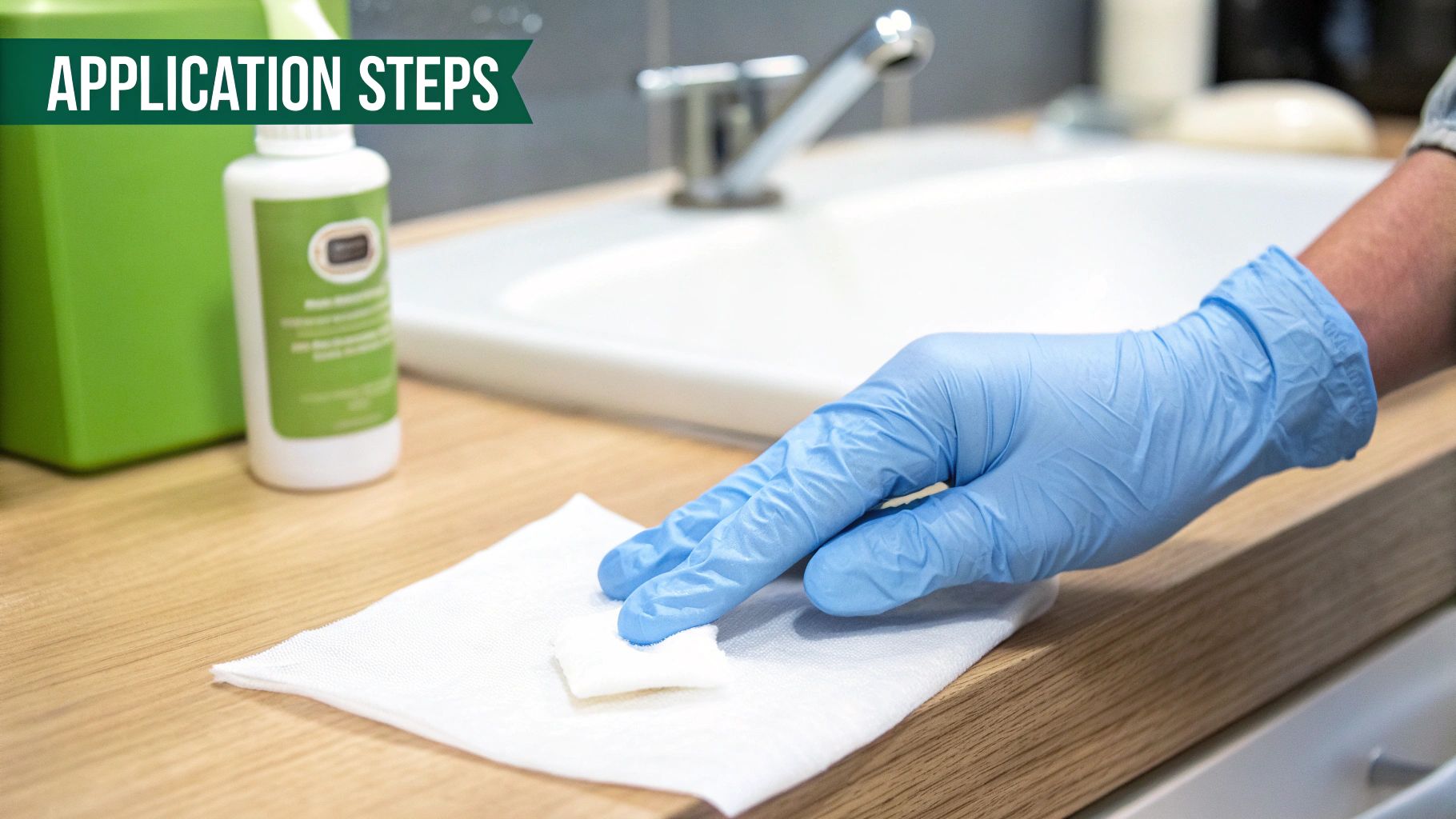 A gloved hand cleans a wooden bathroom counter with a white cloth, illustrating application steps.
