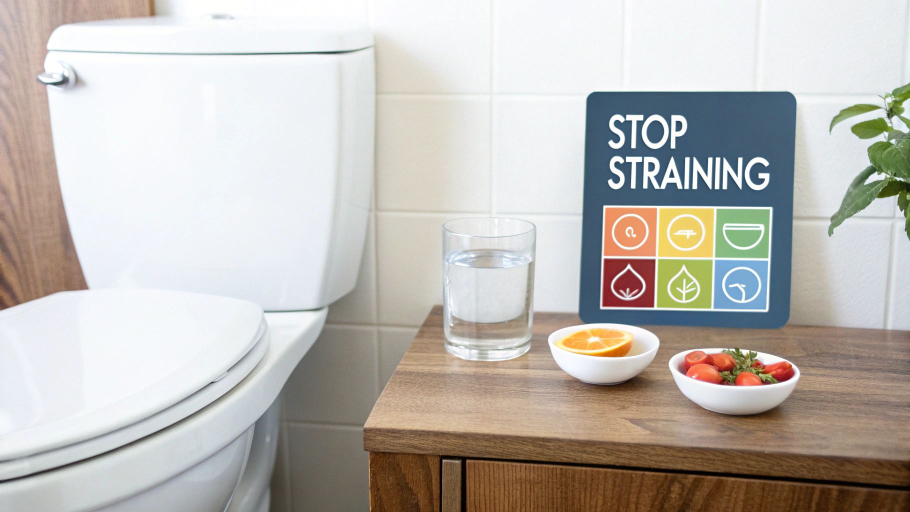 A bathroom scene featuring a toilet, a 'Stop Straining' sign, water, fruit, and vegetables on a cabinet.