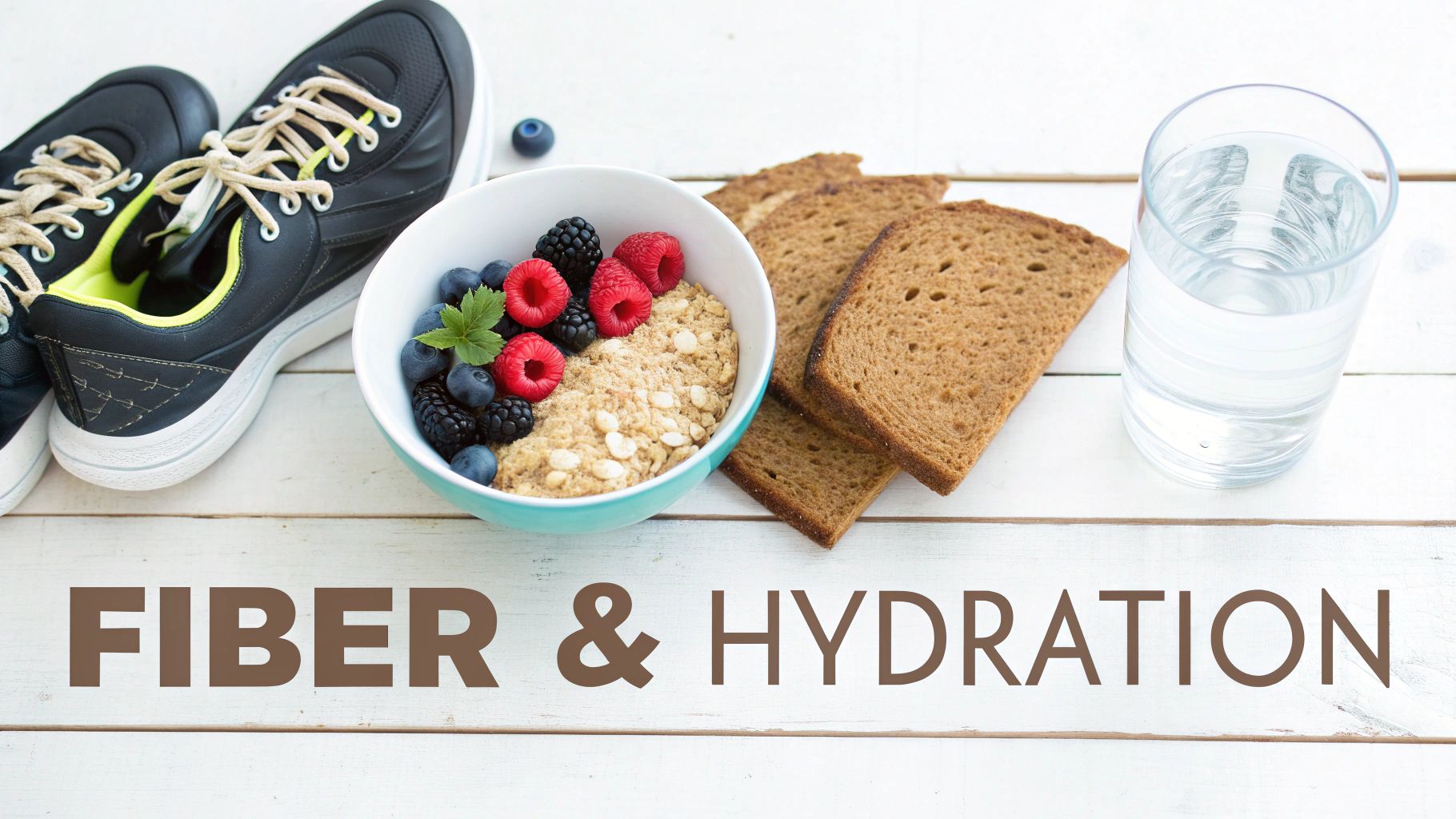 A bowl of oatmeal with berries, whole-wheat bread, water, and athletic shoes symbolize fiber and hydration.