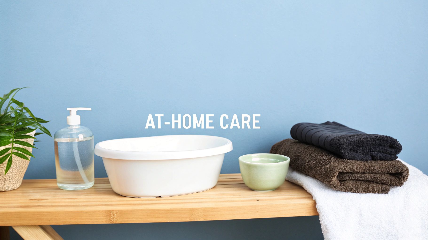 Items for at-home care including a basin, soap, towels, and a plant on a wooden shelf.