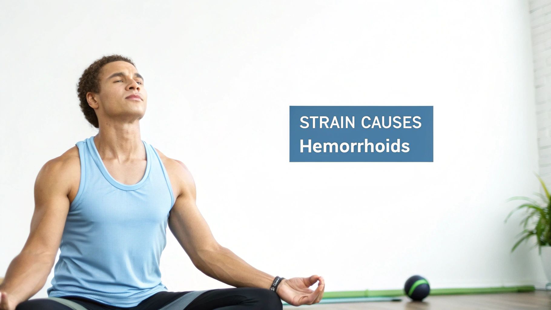 A man in a blue tank top meditating or doing yoga in a bright room. Text: "STRAIN CAUSES Hemorrhoids".