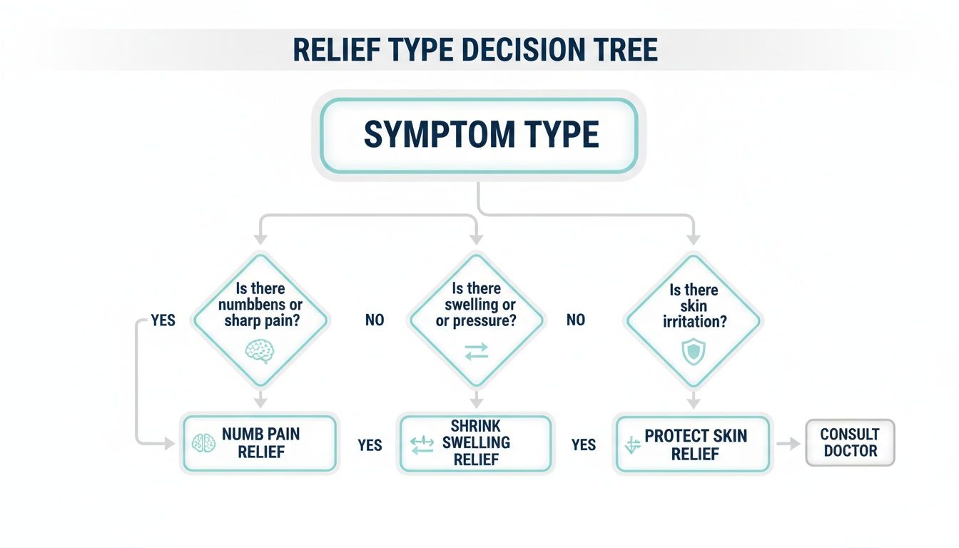 A decision tree flowchart guiding symptom types to determine the appropriate relief: numb pain, shrink swelling, protect skin, or consult a doctor.
