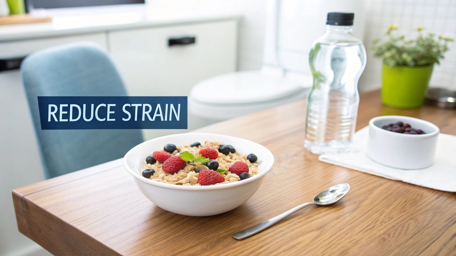 A healthy breakfast with cereal, fresh berries, and water on a wooden table, emphasizing 'Reduce Strain'.