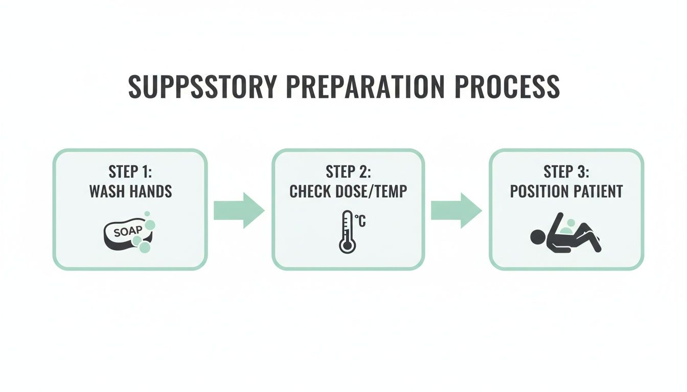 Infographic showing a three-step suppository preparation process: wash hands, check dose/temperature, and position patient.