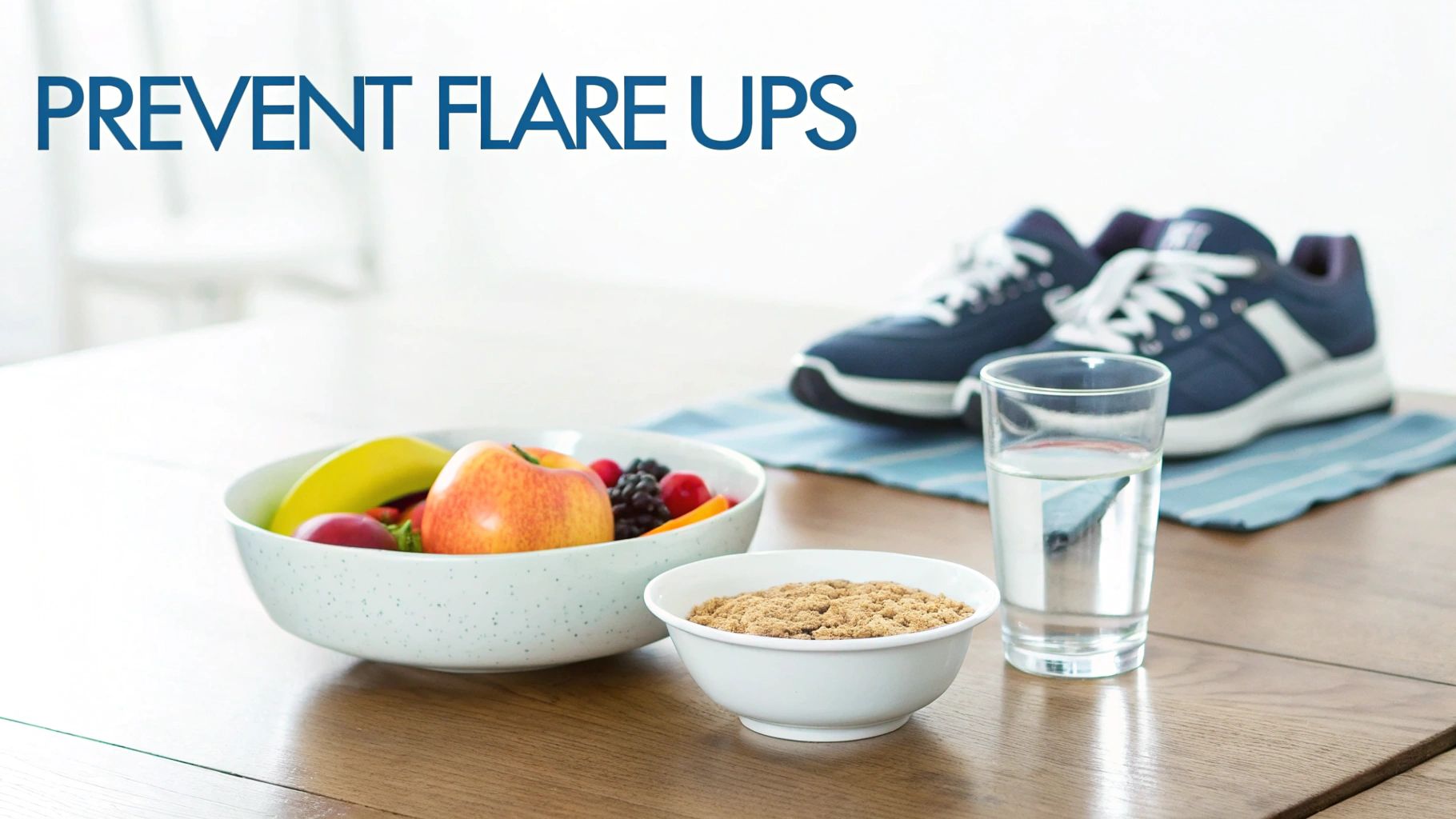 Healthy food, water, and exercise shoes on a table with text "PREVENT FLARE UPS".