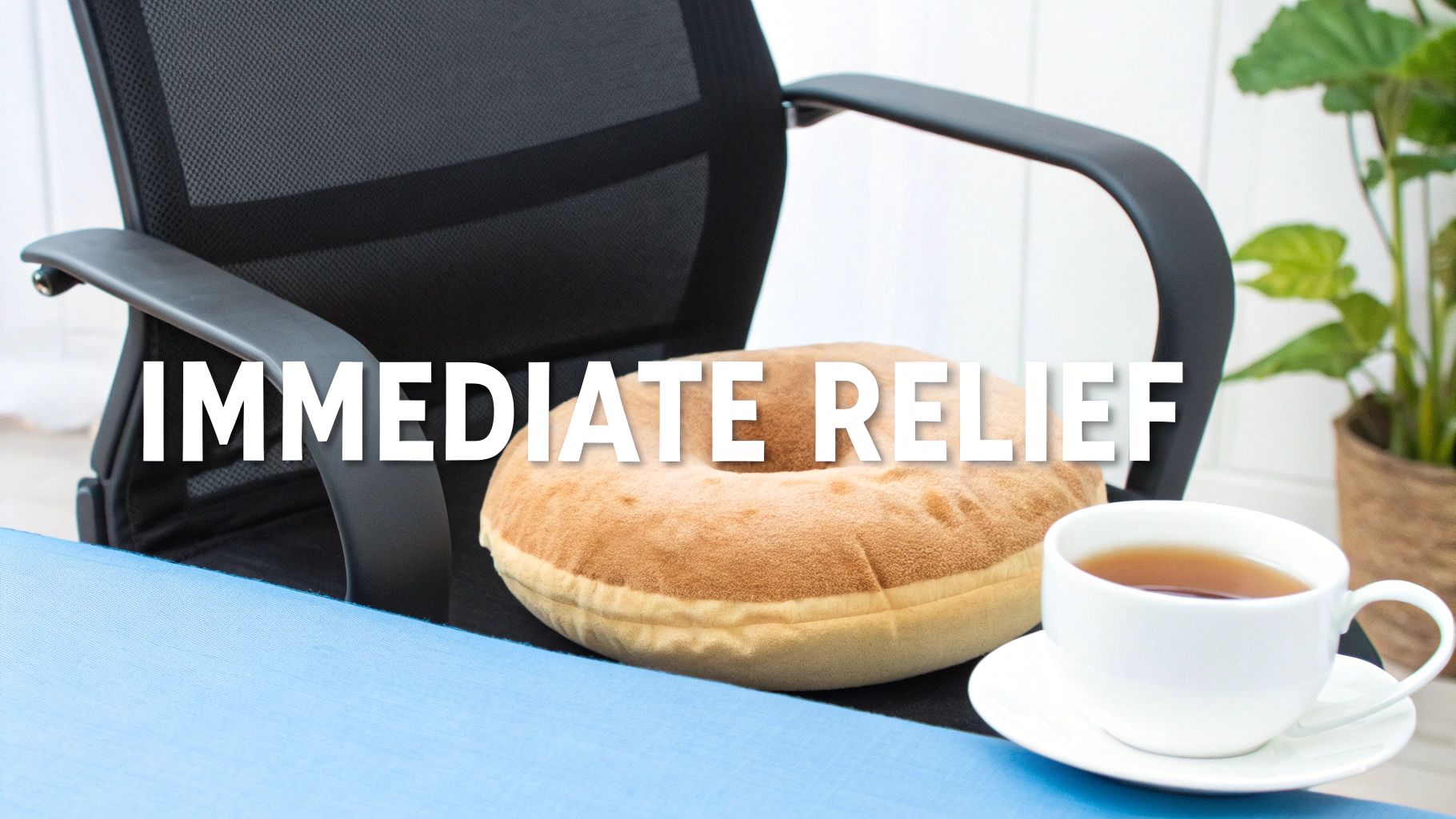 An office chair with a donut-shaped cushion for comfort, a cup of tea, and text 'IMMEDIATE RELIEF'.