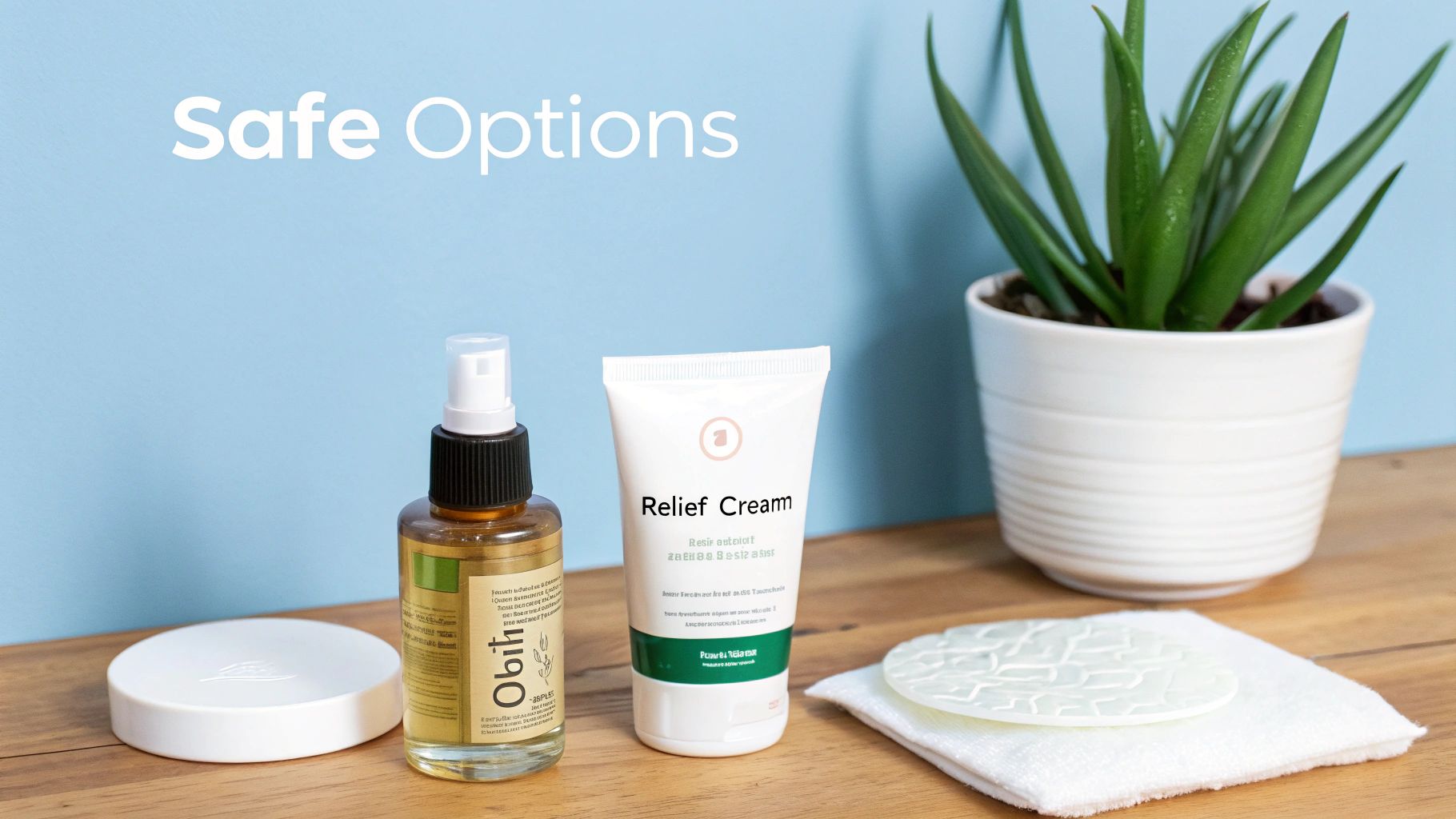 Relief cream, spray bottle, and other personal care items on a wooden surface, suggesting safe options.