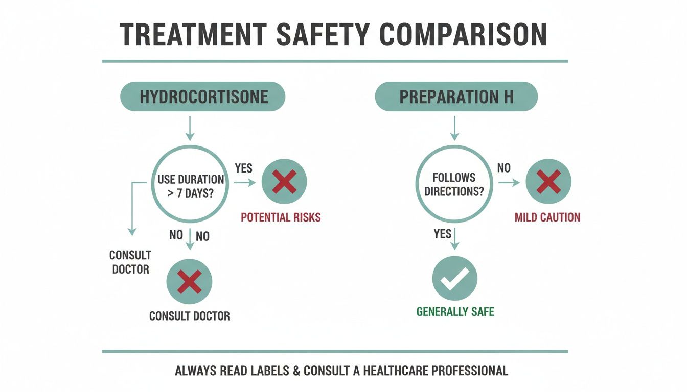 This flowchart visually compares the safety of Hydrocortisone and Preparation H based on usage.