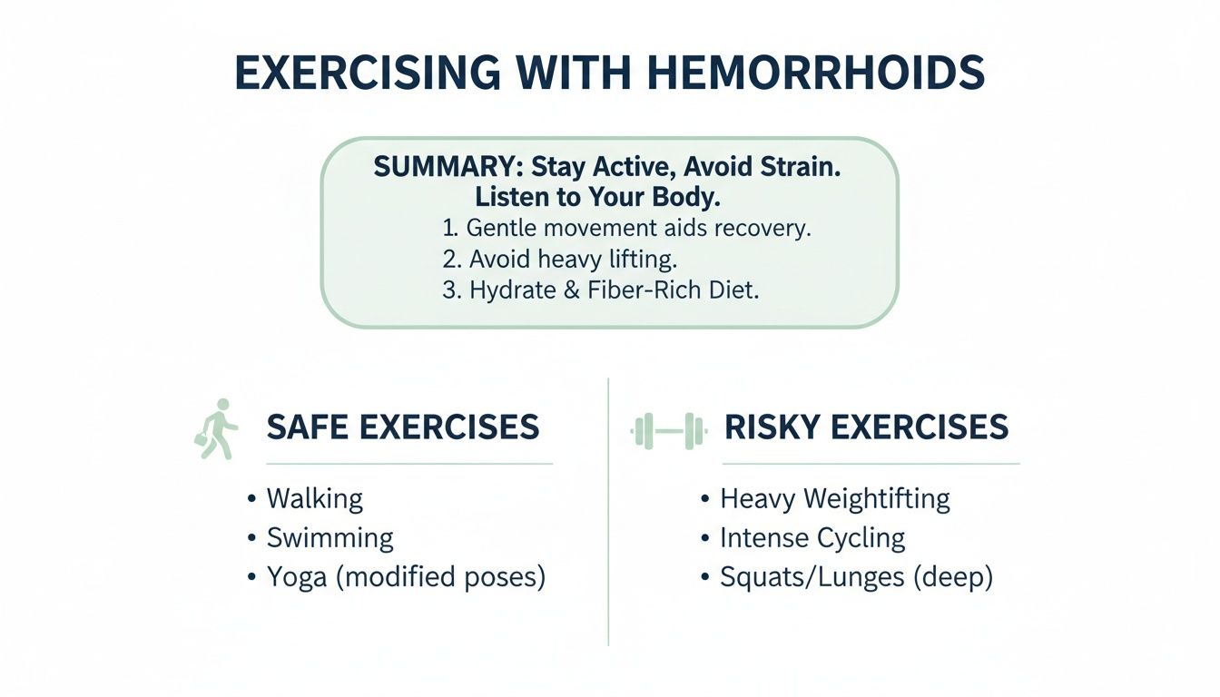 Guide on exercising with hemorrhoids, listing safe activities like walking and swimming, and risky ones such as heavy weightlifting.