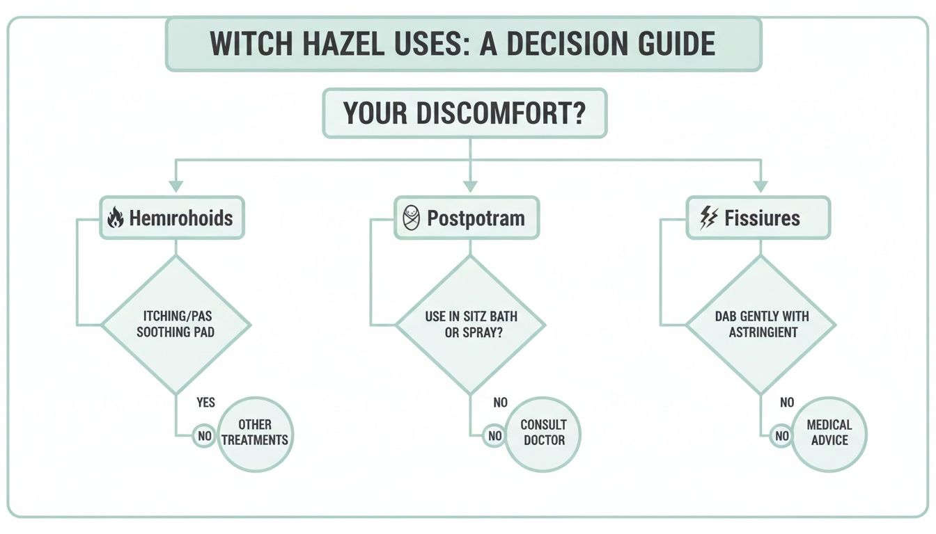 Flowchart illustrating witch hazel uses for hemorrhoids, postpartum, and fissures, offering treatment suggestions.
