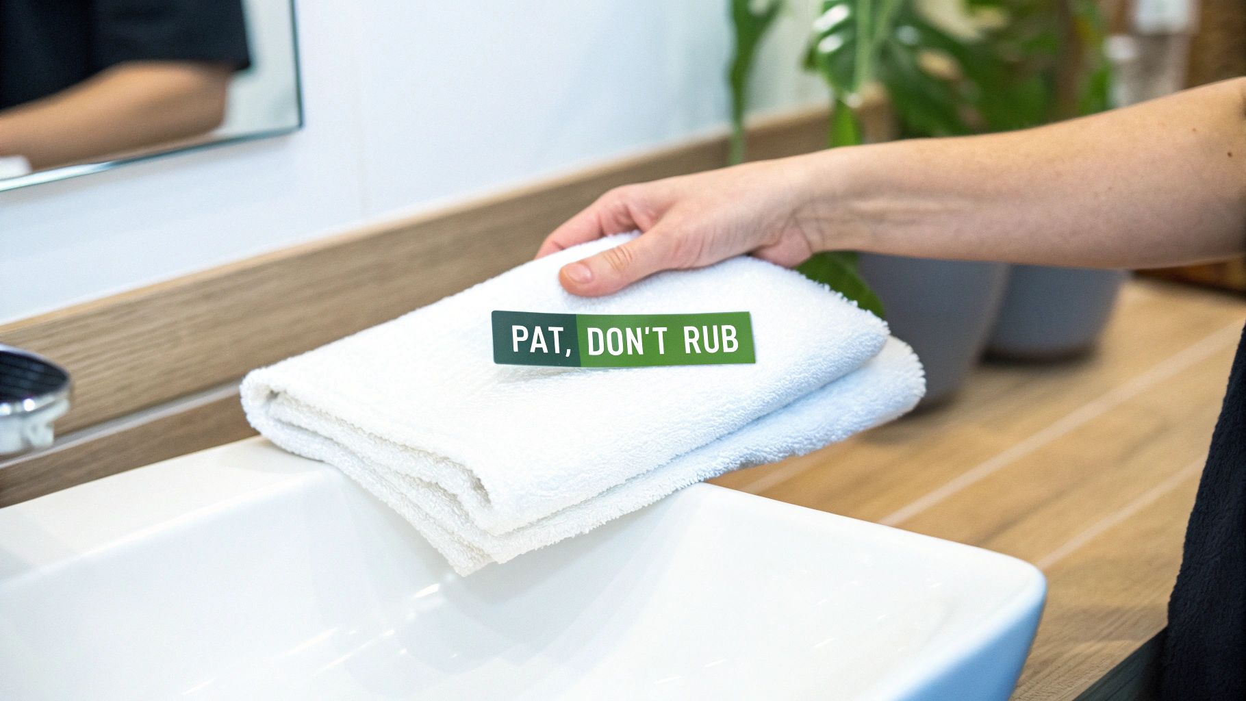 A hand gently places a white folded towel with a 'PAT, DON'T RUB' label on a clean bathroom sink.