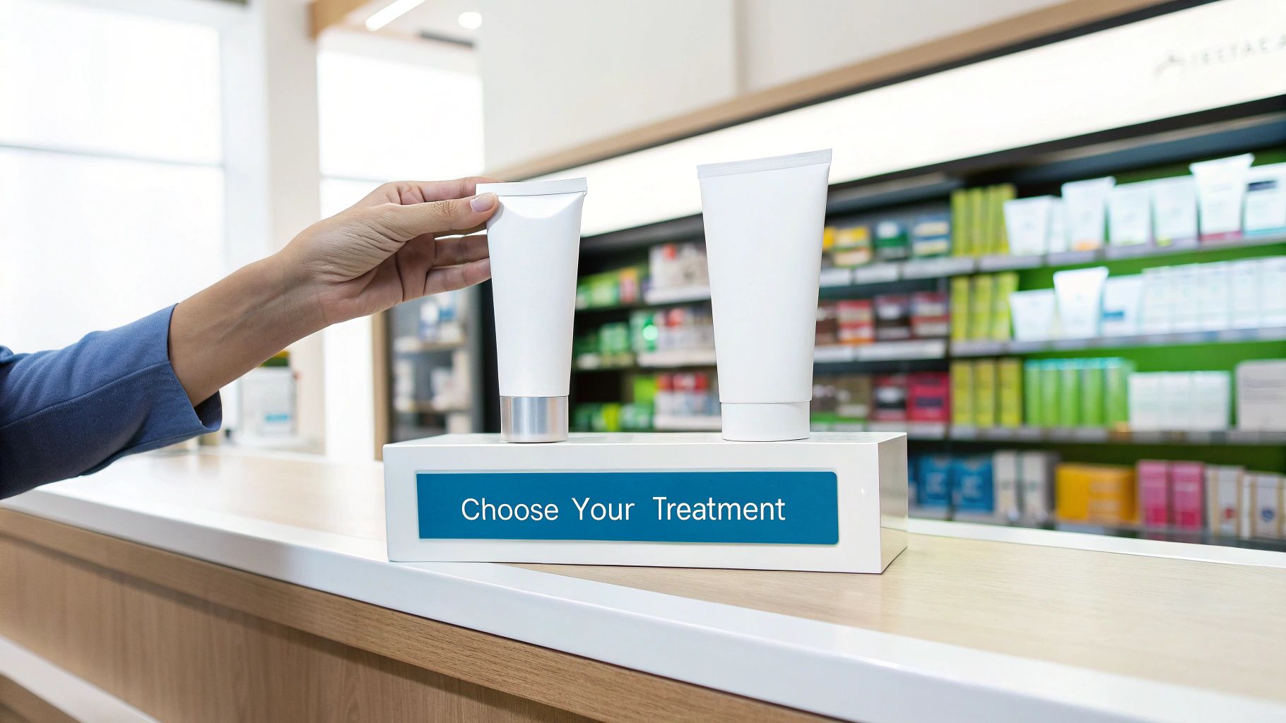 Hand picking a white tube of treatment from a pharmacy counter display with a blue sign.