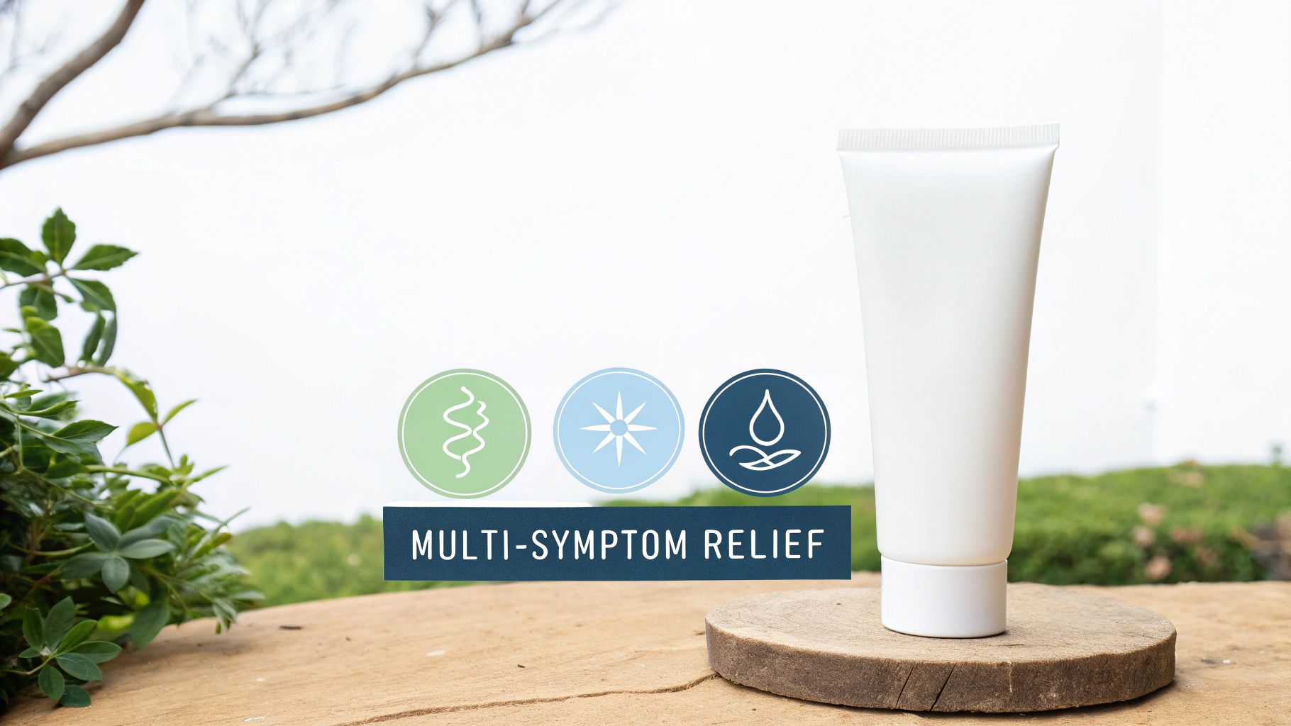 White cream tube with multi-symptom relief text and icons on a wooden base in a natural setting.