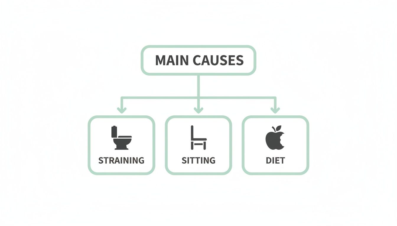 A diagram illustrating the main causes of a condition: straining (toilet), prolonged sitting (chair), and diet (apple).