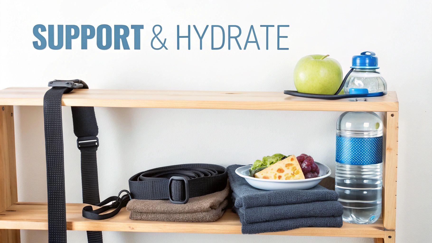 A wooden shelf with fitness straps, towels, healthy snacks, water bottles, and 'SUPPORT & HYDRATE' text.