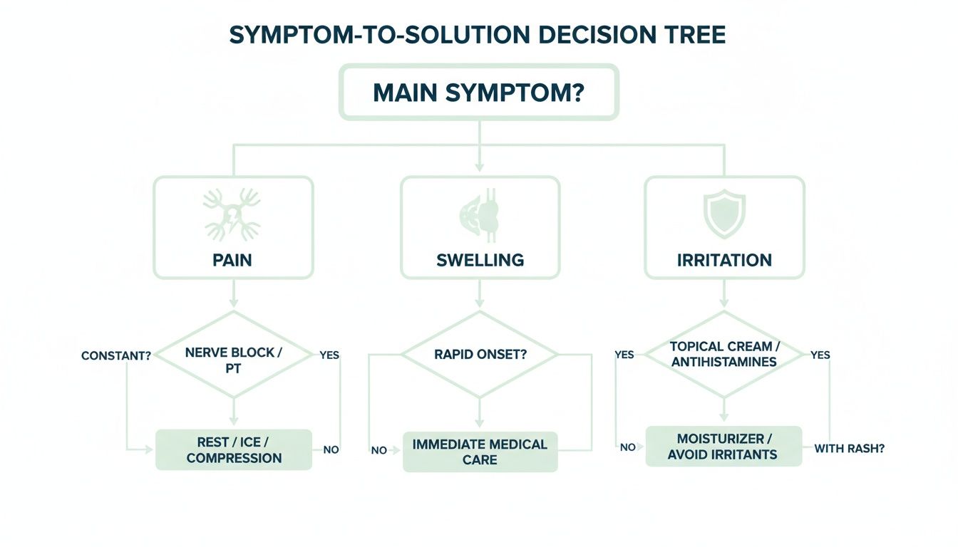A symptom-to-solution decision tree flowchart illustrating steps for managing pain, swelling, and irritation.