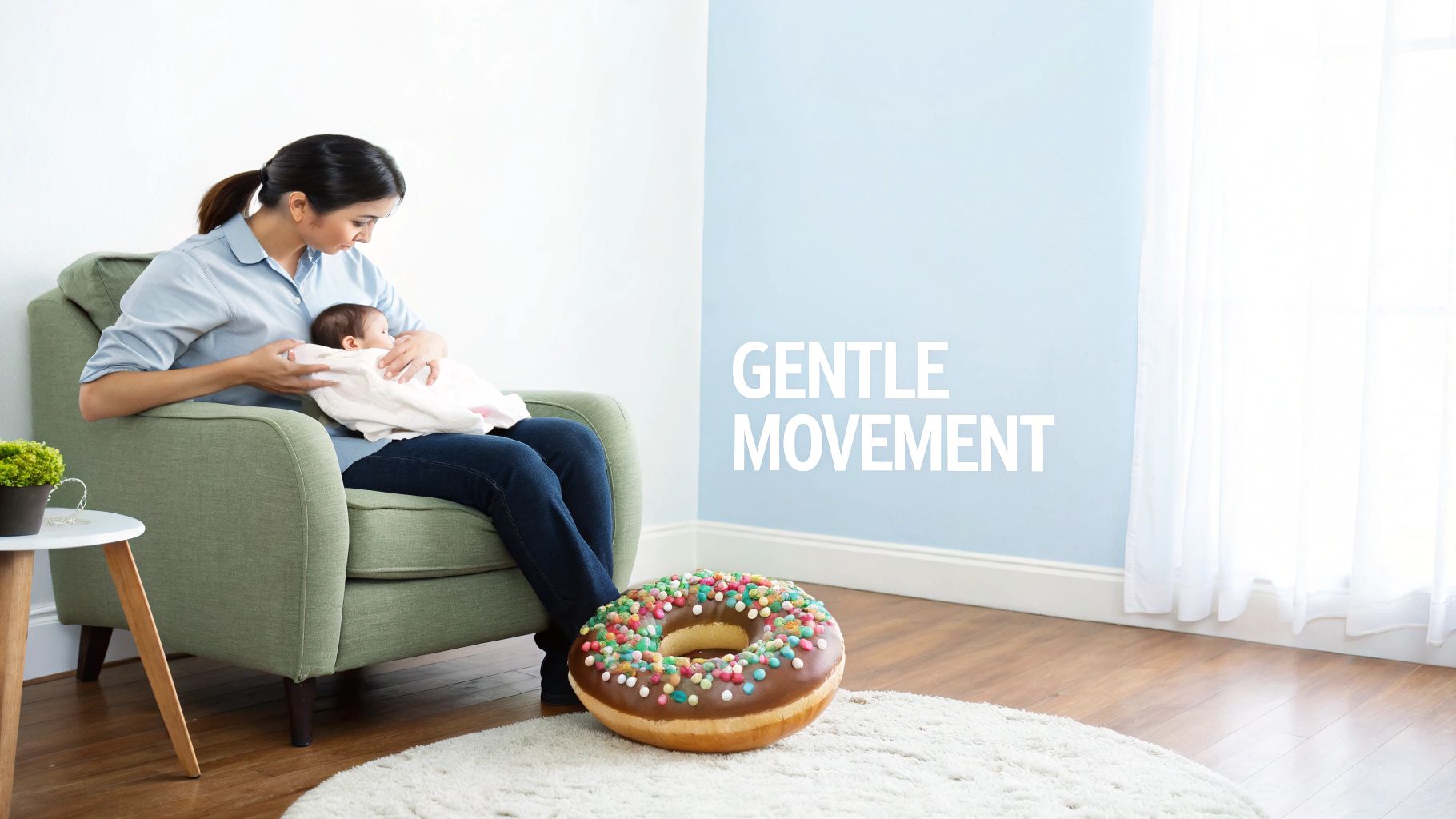 A mother gently holding and feeding her baby in a chair, with a donut pillow nearby.