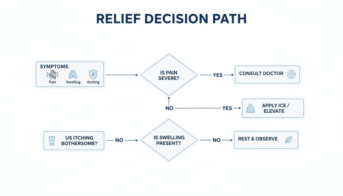 A flowchart outlining a relief decision path for symptoms including pain, swelling, and itching.