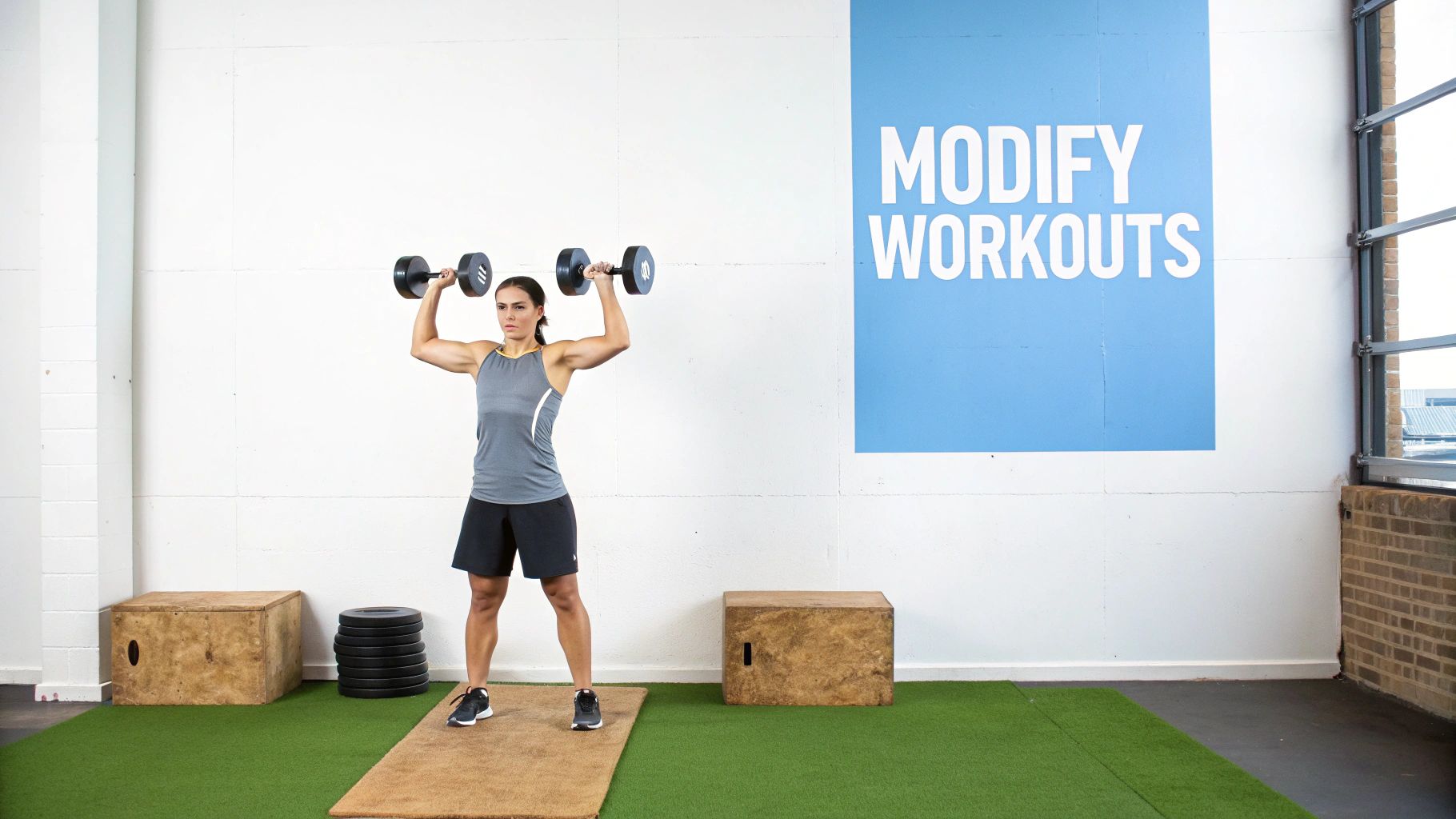 A woman stands in a gym, holding two dumbbells at shoulder height, preparing to exercise.